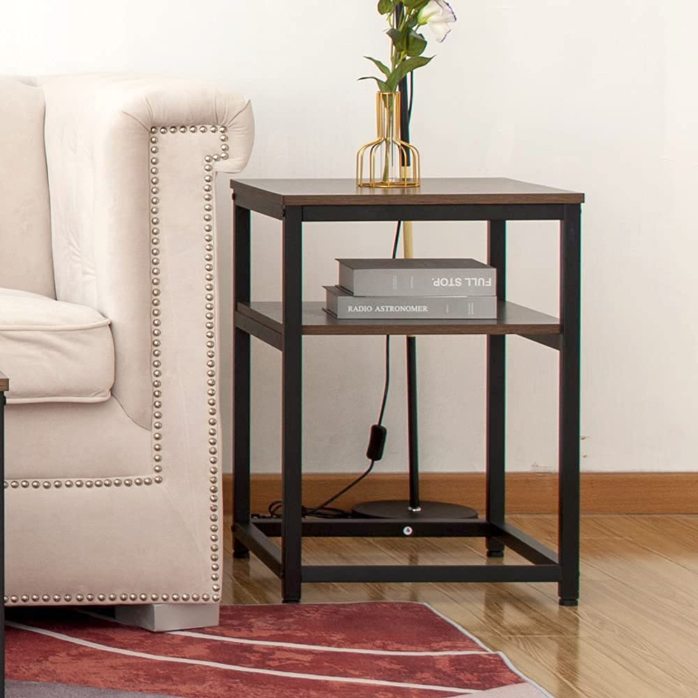 2-Tier Industrial Coral Flower Nightstands Set of 2 - Dark Oak Side Tables with Sturdy Metal Frame for Bedroom, Living Room & Balcony | Space-Saving End Tables for Small Apartments & Cozy Home Decor