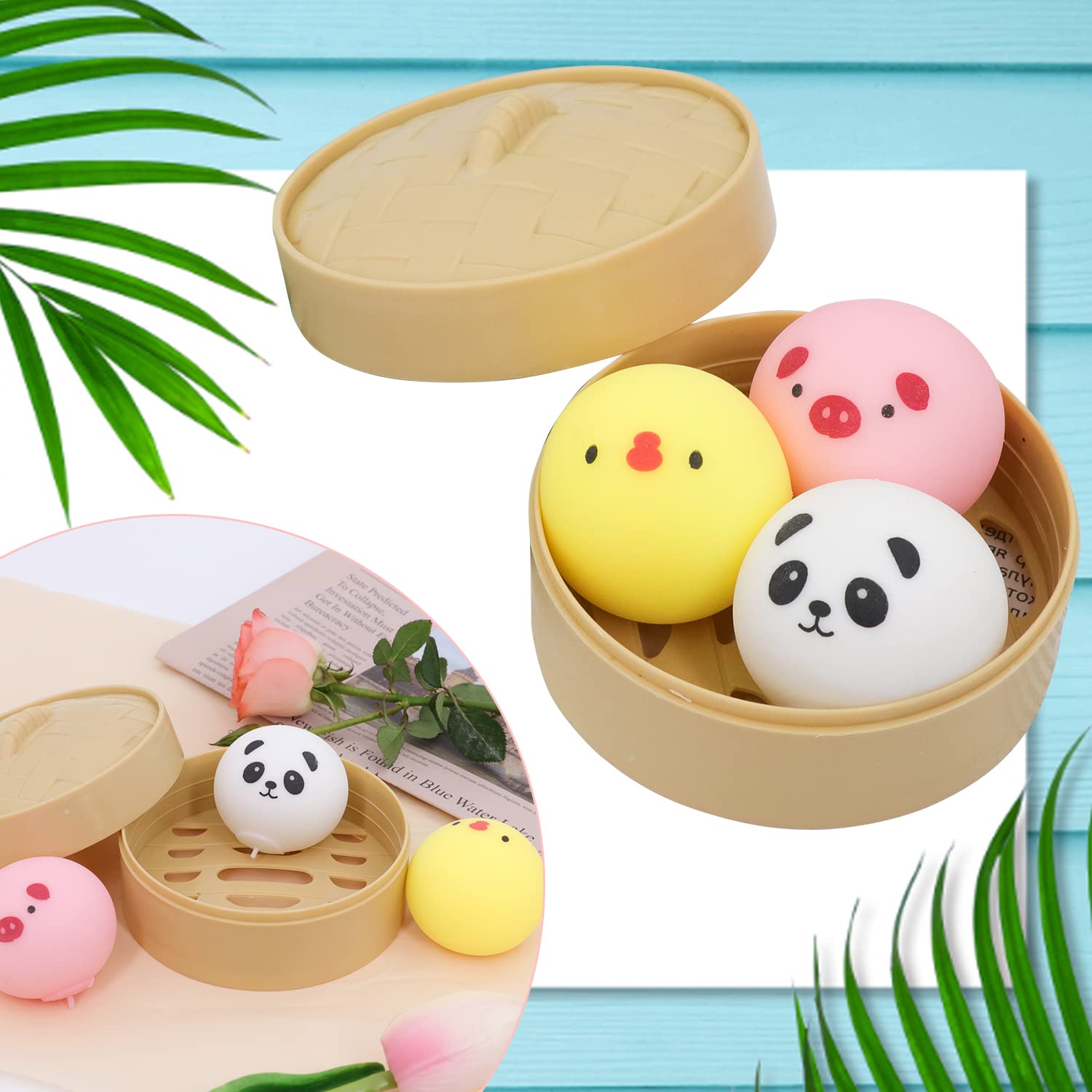 3Pcs Colorful Dumpling Stress Ball Fidget Sensory Toy - Silicone Stress Relief Hand Ball with Food Steamer Kit for Office, Home, Party | Anxiety Relief, ADHD Focus Tool, Fun Gift Idea for Kids & Adults