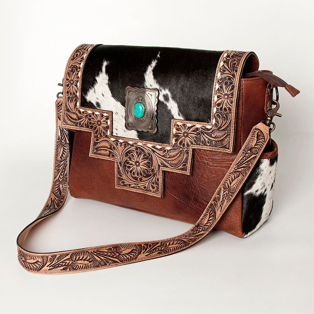 Genuine Leather Women's Western Handbag - American Darling Hand-Tooled Hair-On Cowhide Purse for Casual & Country Style Outfits
