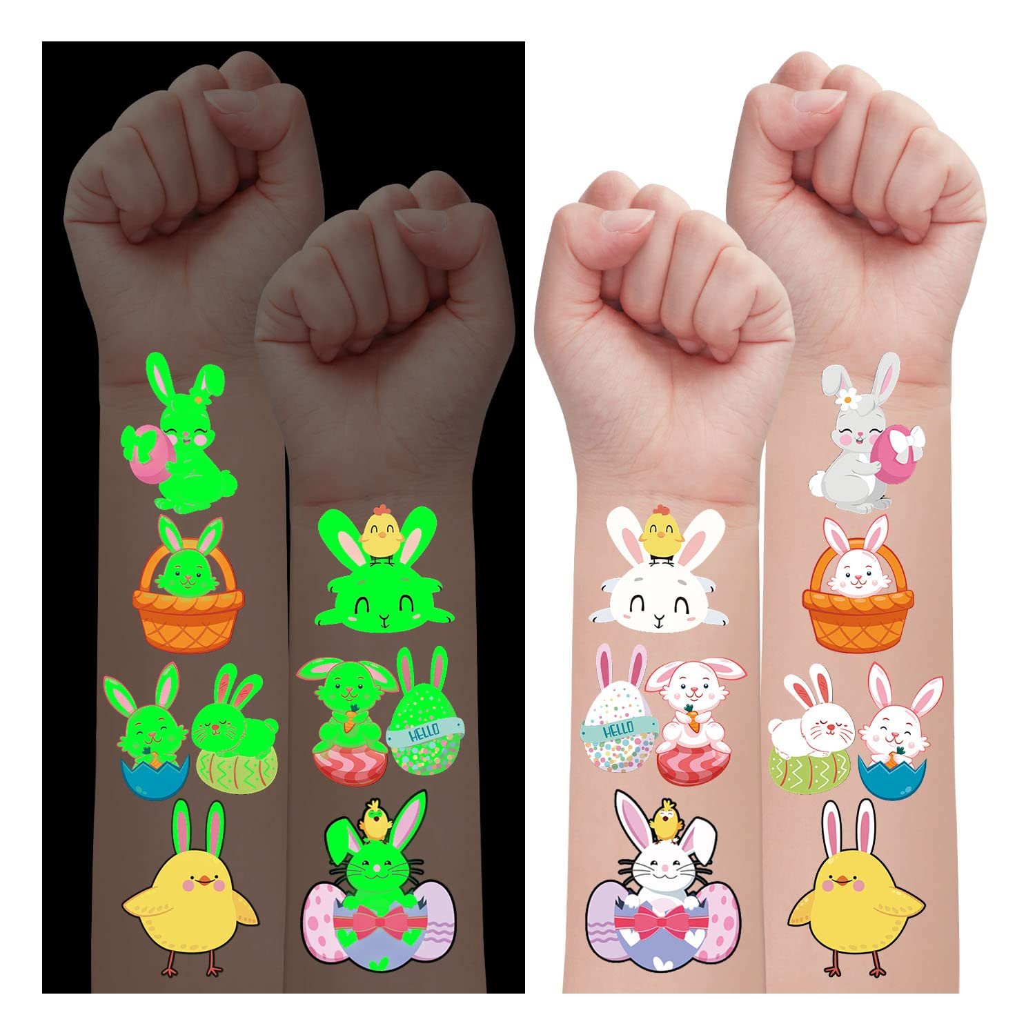 Partywind Glow in the Dark Easter Tattoos - 24 Pack Temporary Tattoos for Kids Easter Basket Fillers, Easter Party Decorations & Easter Egg Hunt Supplies - Perfect for Easter Celebrations, Birthday Parties & Spring Festivals