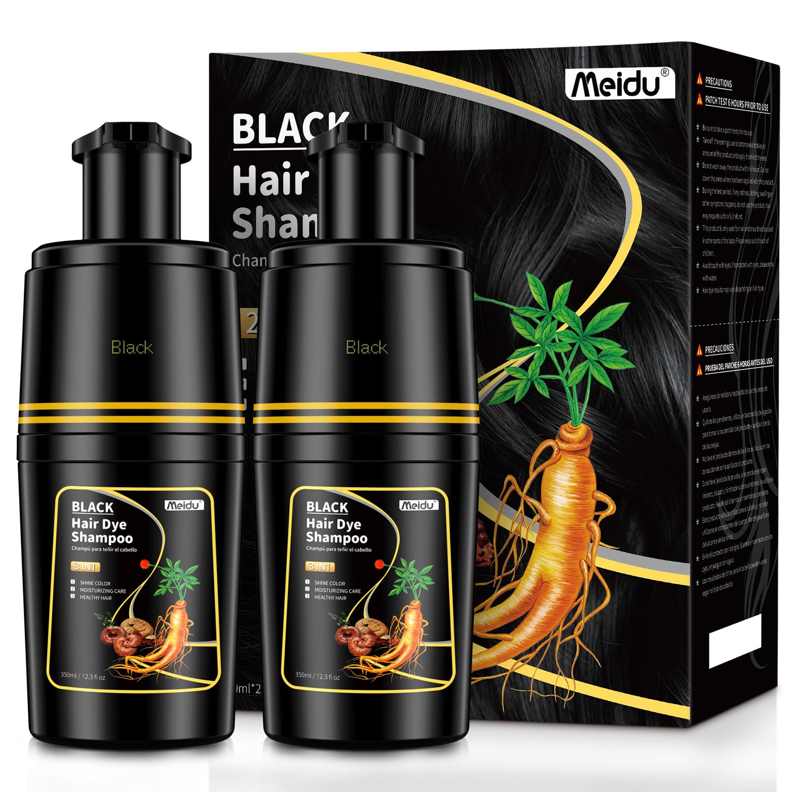 IIIMEIDU Black Hair Dye Shampoo - 2 Pack Herbal Gray Hair Coverage, 3-in-1 Natural Hair Color for Women & Men | Perfect for At-Home Hair Coloring & Touch-Ups Between Salon Visits