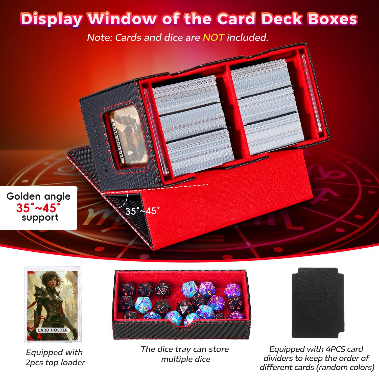 Premium Commander Deck Box for Magic TCG - 4-in-1 Storage Case with Dice Tray & 4 Dividers - Holds 230 Cards (Black/Red) - Perfect for MTG Tournaments, Card Collection & Game Nights