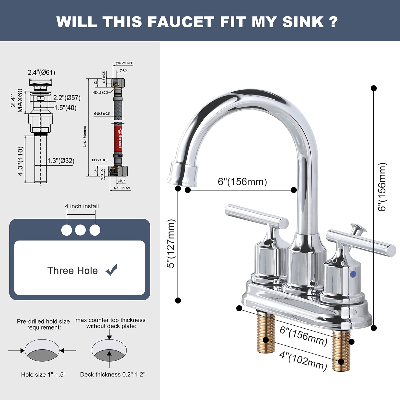 WOWOW Chrome 3 Hole Bathroom Sink Faucet - 2 Handle Centerset 4 Inch Vanity Faucet with Lift Rod Drain Stopper & Supply Lines | Modern Water Tap for Bathroom Sink, Vanity, Powder Room & Guest Bath Installation