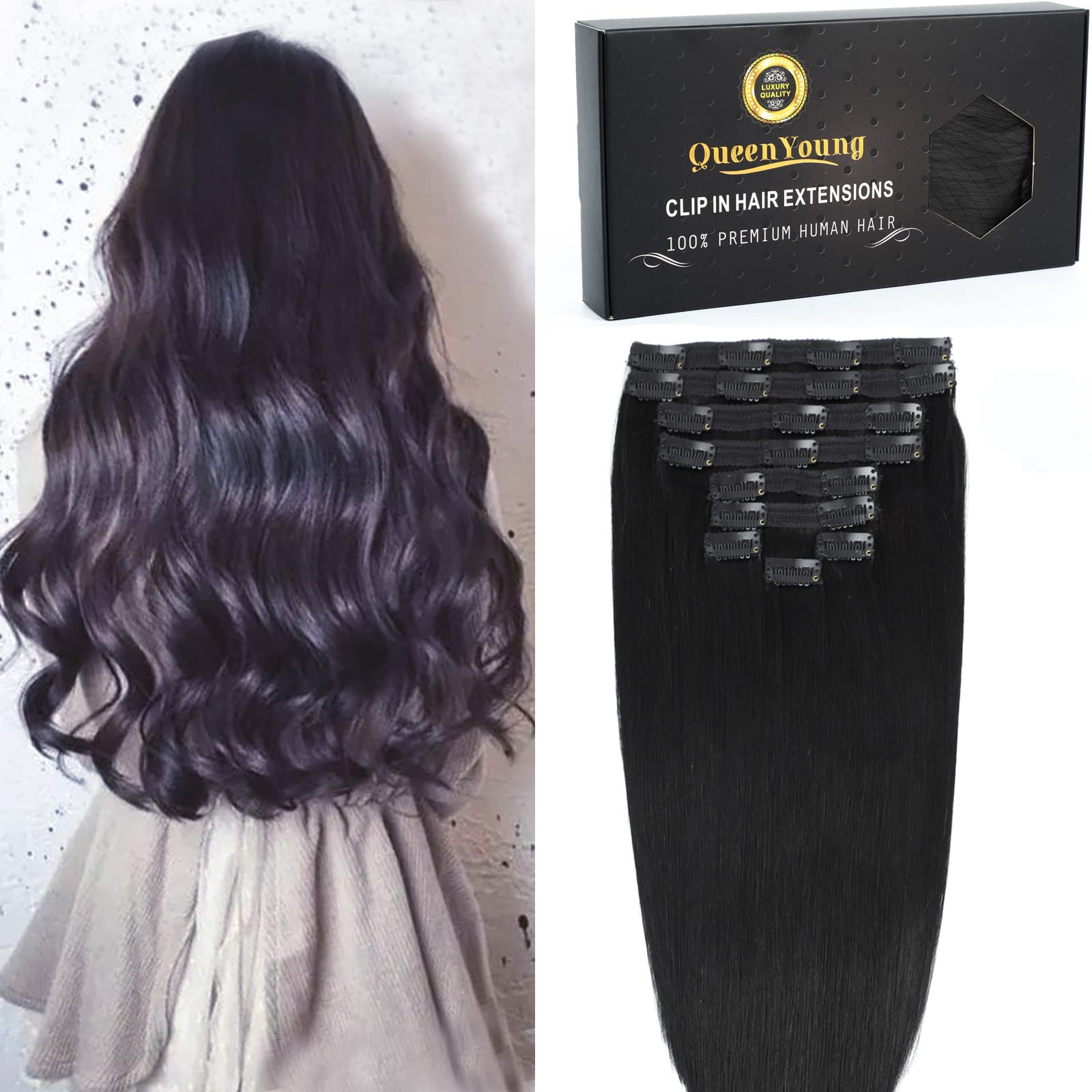 Clip in Hair Extensions 22 Inch - 9pcs 130g Jet Black Human Hair Extensions Straight & Soft - Natural Remy Hair for Thickening & Styling - Perfect for Parties, Weddings & Daily Wear
