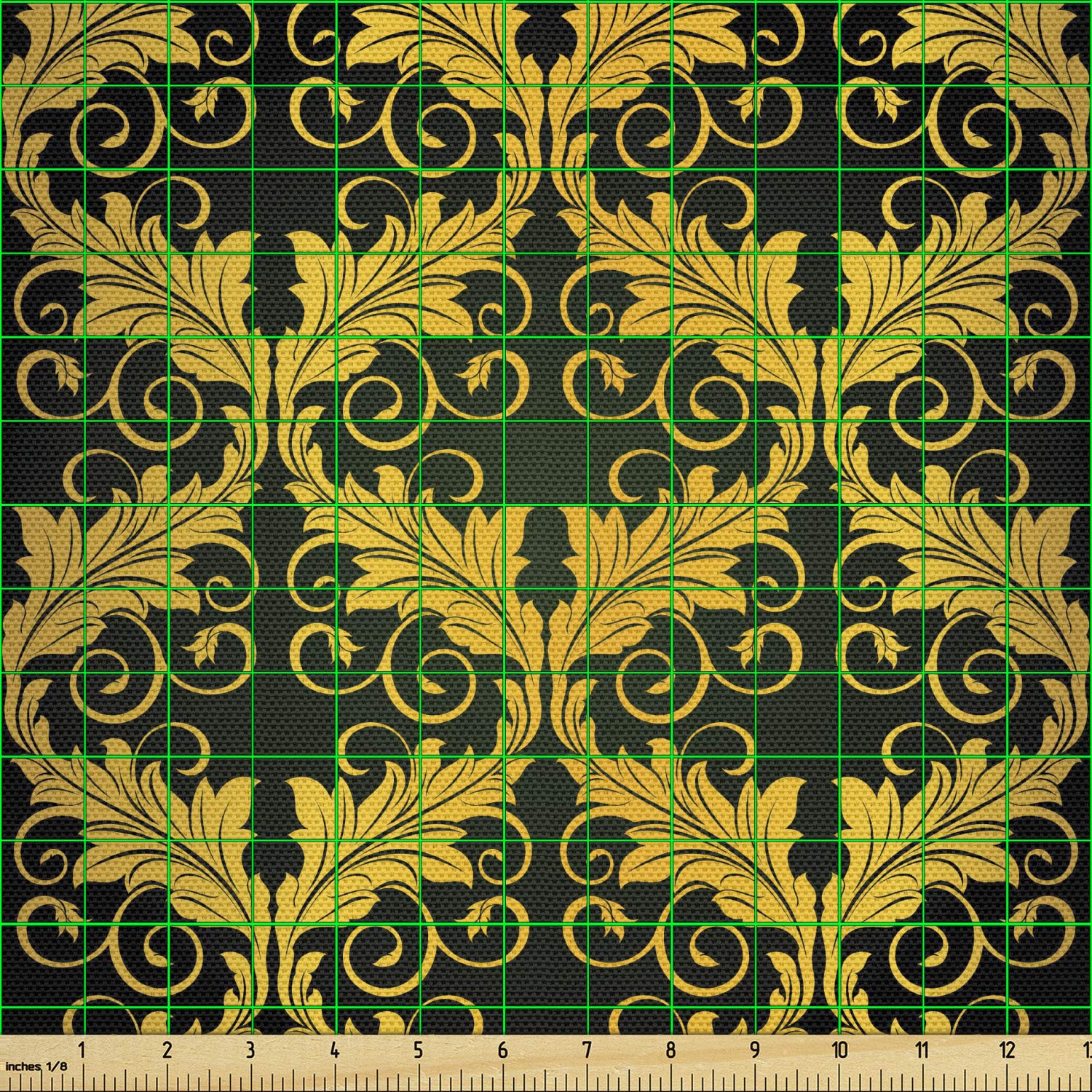 Ambesonne Yellow Damask Fabric by The Yard - Renaissance Inspired Wave Leaf Pattern Upholstery Material (10 Yards, Dark Green/Yellow) for Sofa Reupholstery, Curtains & Home Decor Projects