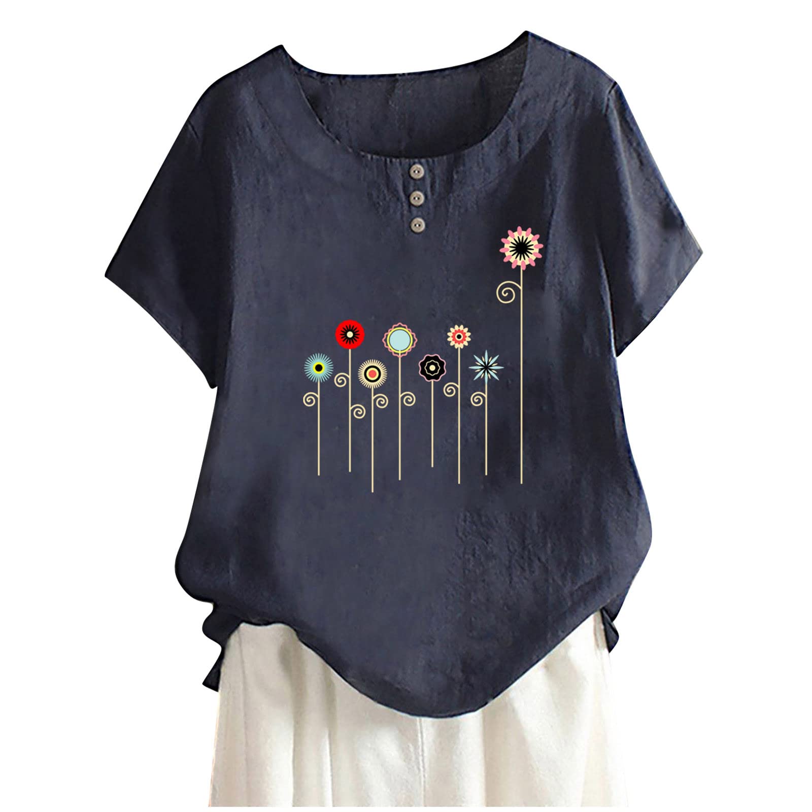 Women's Casual Cotton Linen Shirts - 3/4 Sleeve Crew Neck Loose Fit Tunic Tops with Side Split | Summer Comfort Blouse for Work, Travel & Everyday Wear