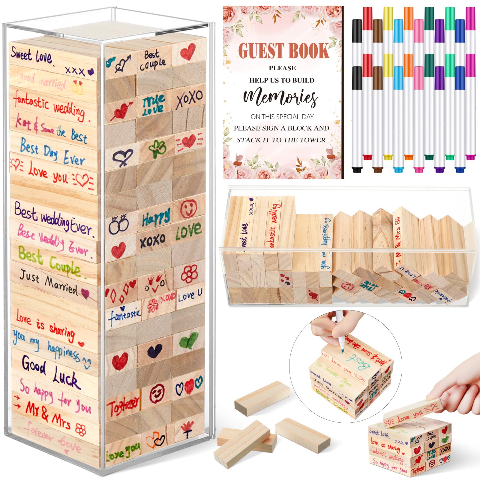 80 Pcs Wooden Wedding Guest Book Alternative - Rustic Floral Sign-in Blocks for Wedding Reception, Bridal Shower Games & DIY Keepsake | Perfect for Outdoor, Barn & Vintage Themed Weddings