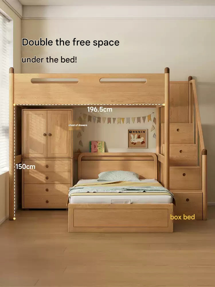 Solid Oak Wood Loft Bed with Storage Cabinet - Space-Saving Furniture for Small Rooms, Kids Bedroom & Dormitory