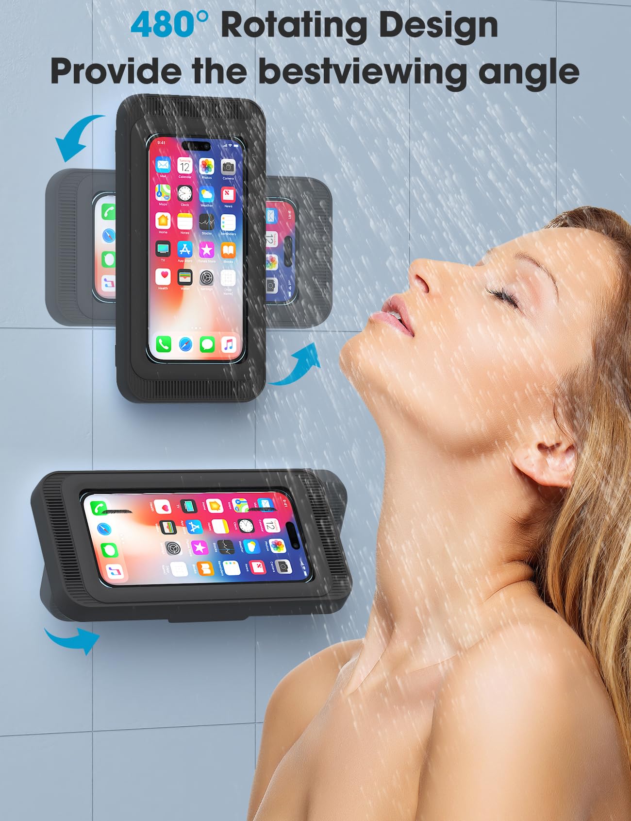KUNSLUCK Waterproof Shower Phone Holder with 480° Rotation - Universal Wall Mount Stand for iPhone, Samsung & 4-7