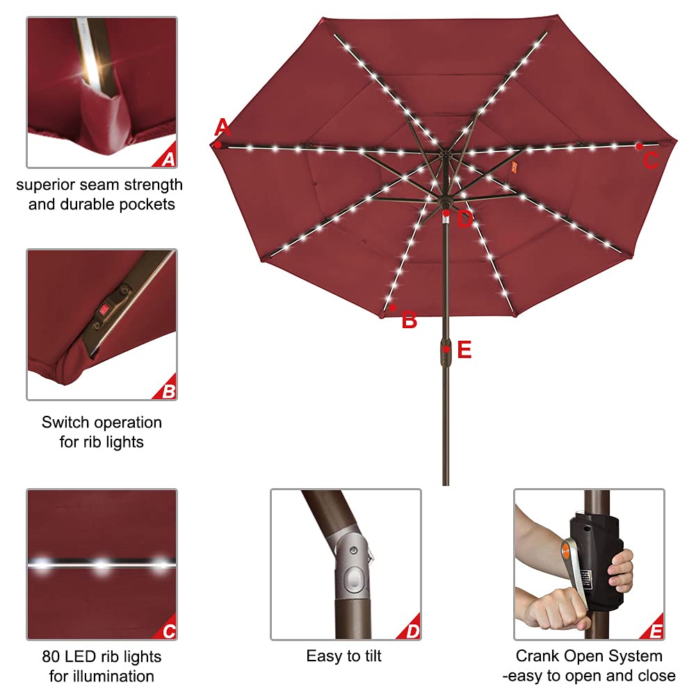 EliteShade USA 10-Year Fade-Resistant 9ft 3-Tier Solar Patio Umbrella with 80 LED Lights - Outdoor Table Umbrella with Ventilation, Burgundy Red - Perfect for Backyard, Poolside, and Restaurant Outdoor Dining