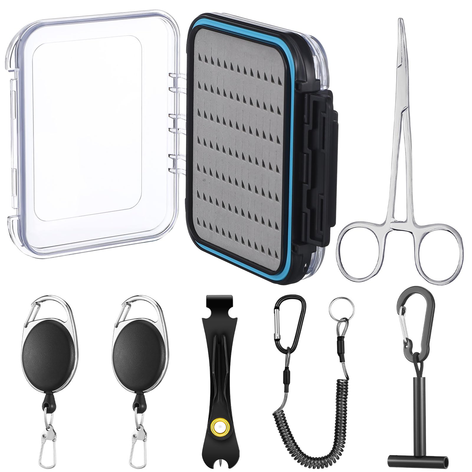 Pickmesh 7-Piece Fly Fishing Tools Kit with Accessories - Includes Fly Fishing Box, Tippet Spool Holder, Nipper, 2 Zinger Retractors, Forceps & Lanyard | Perfect for Trout, Bass & Saltwater Fly Fishing
