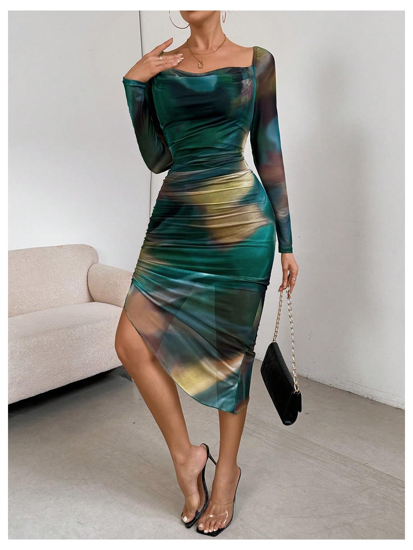 Floerns Women's Tie Dye Long Sleeve Cowl Neck Ruched Bodycon Midi Dress for Cocktail Party, Date Night & Special Occasions