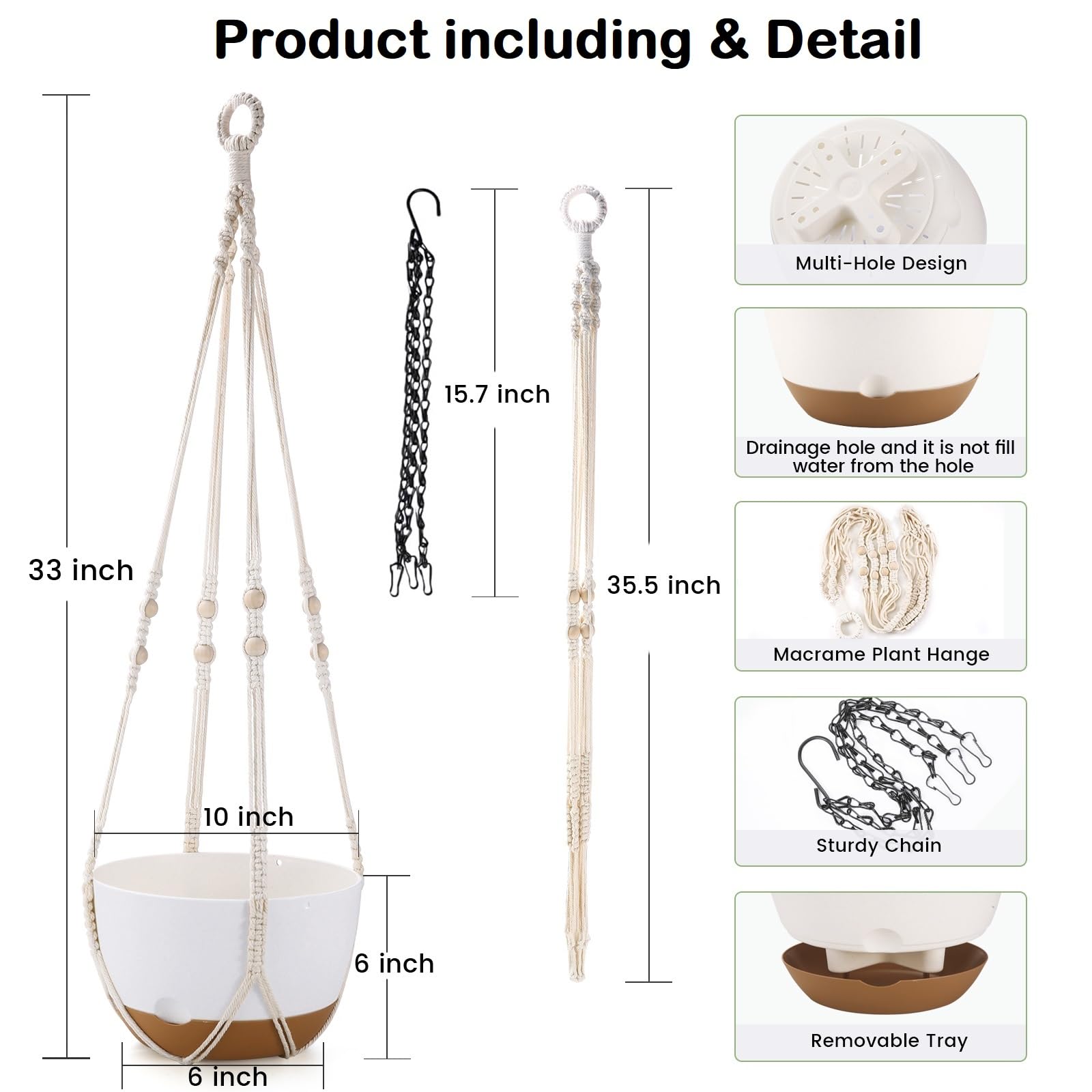 10 Inch Self Watering Hanging Planters (2 Pack) - White Flower Pots with Drainage Holes, Saucers & Macrame Rope Hangers for Indoor Outdoor Garden, Patio, Balcony Decor