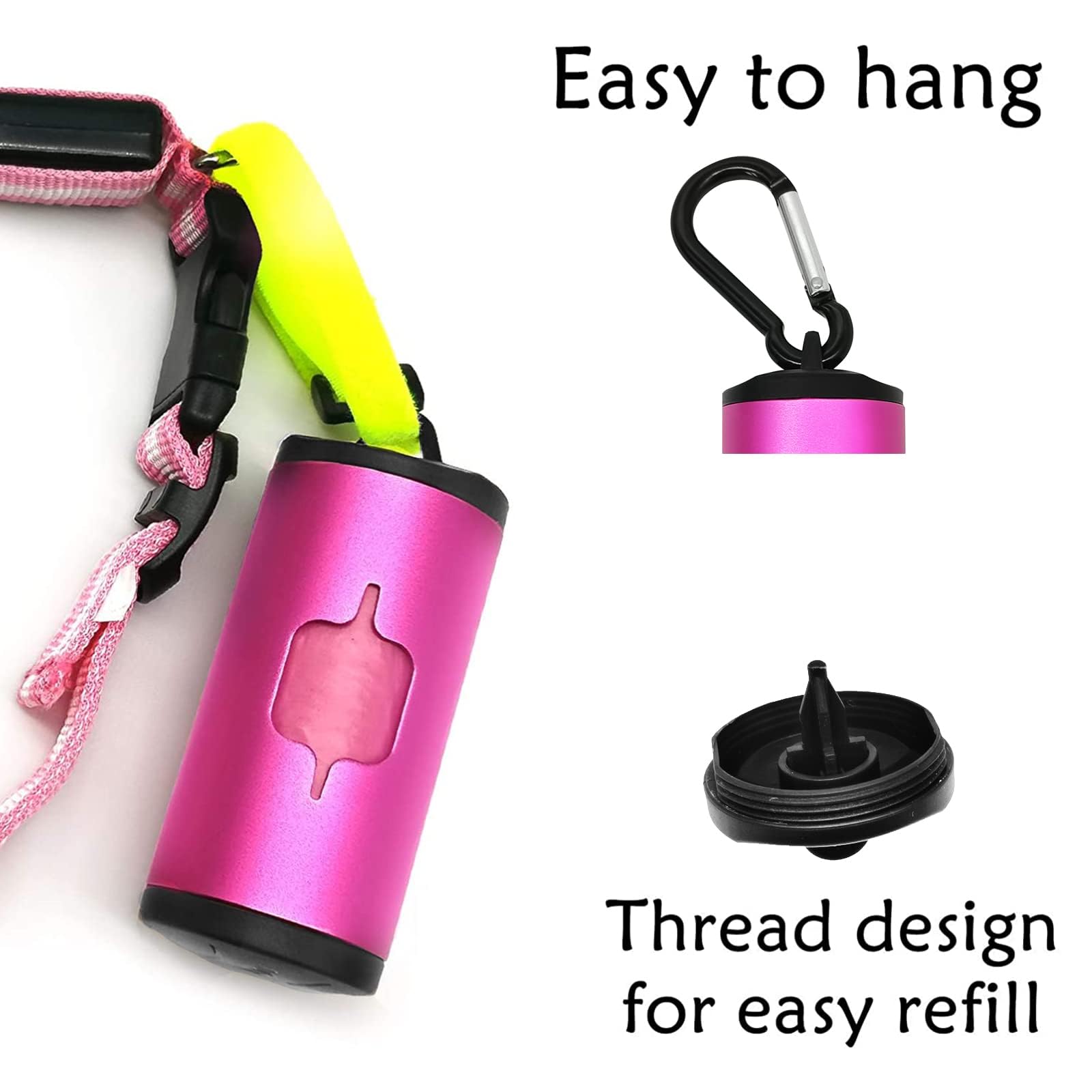 **Eco-Friendly Aluminum Dog Poop Bag Holder with Carabiner Clip – Metal Pet Waste Dispenser with Hook & Loop Fastener & Elastic Cord – Includes 2 Holders & 30 Bags (Pink) – Perfect for Walking, Hiking & Travel**