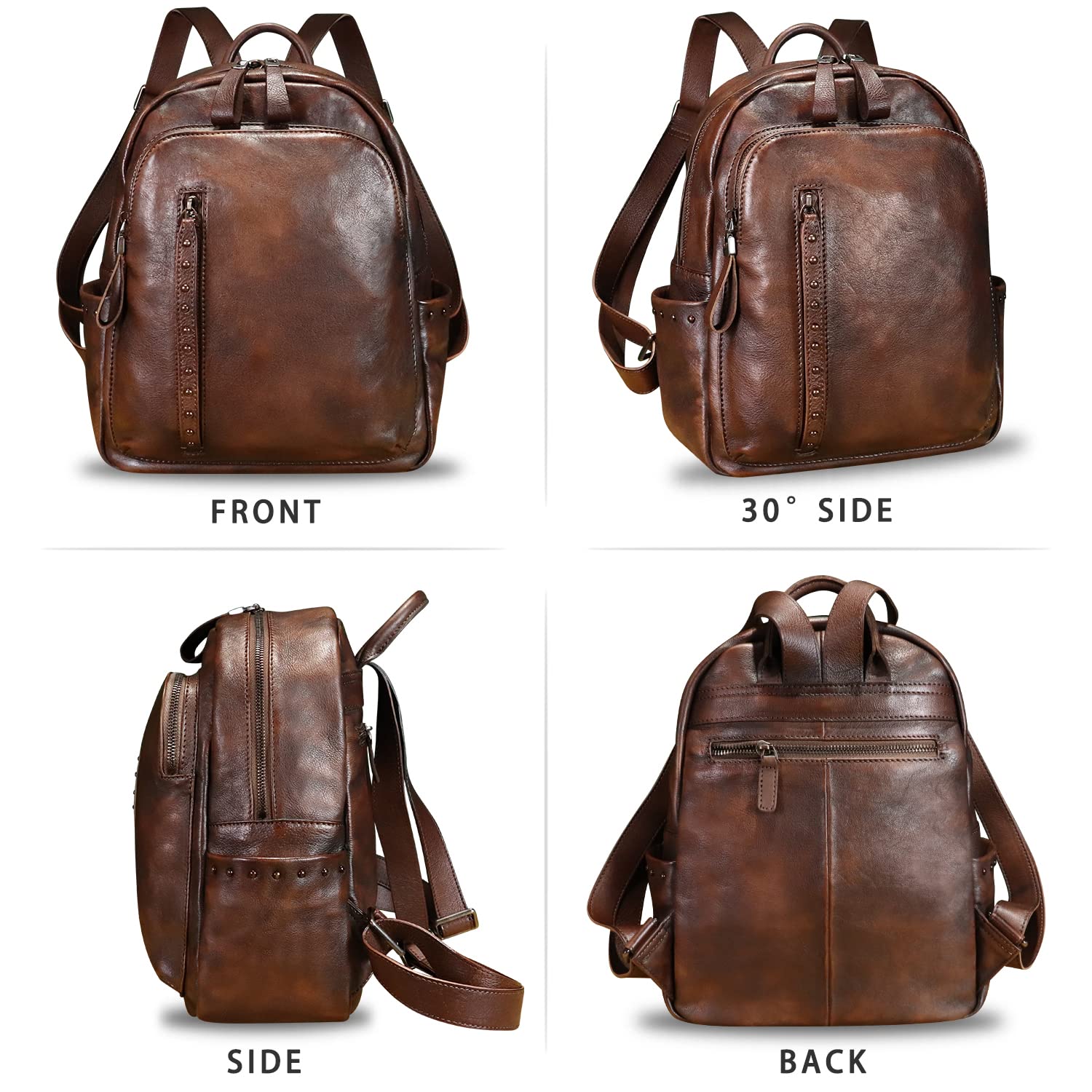 Genuine Leather Backpack Purse for Women - Vintage Cowhide Daypack with Western Rivets, Handmade College Rucksack (Coffee) - Perfect for School, Travel & Casual Outings