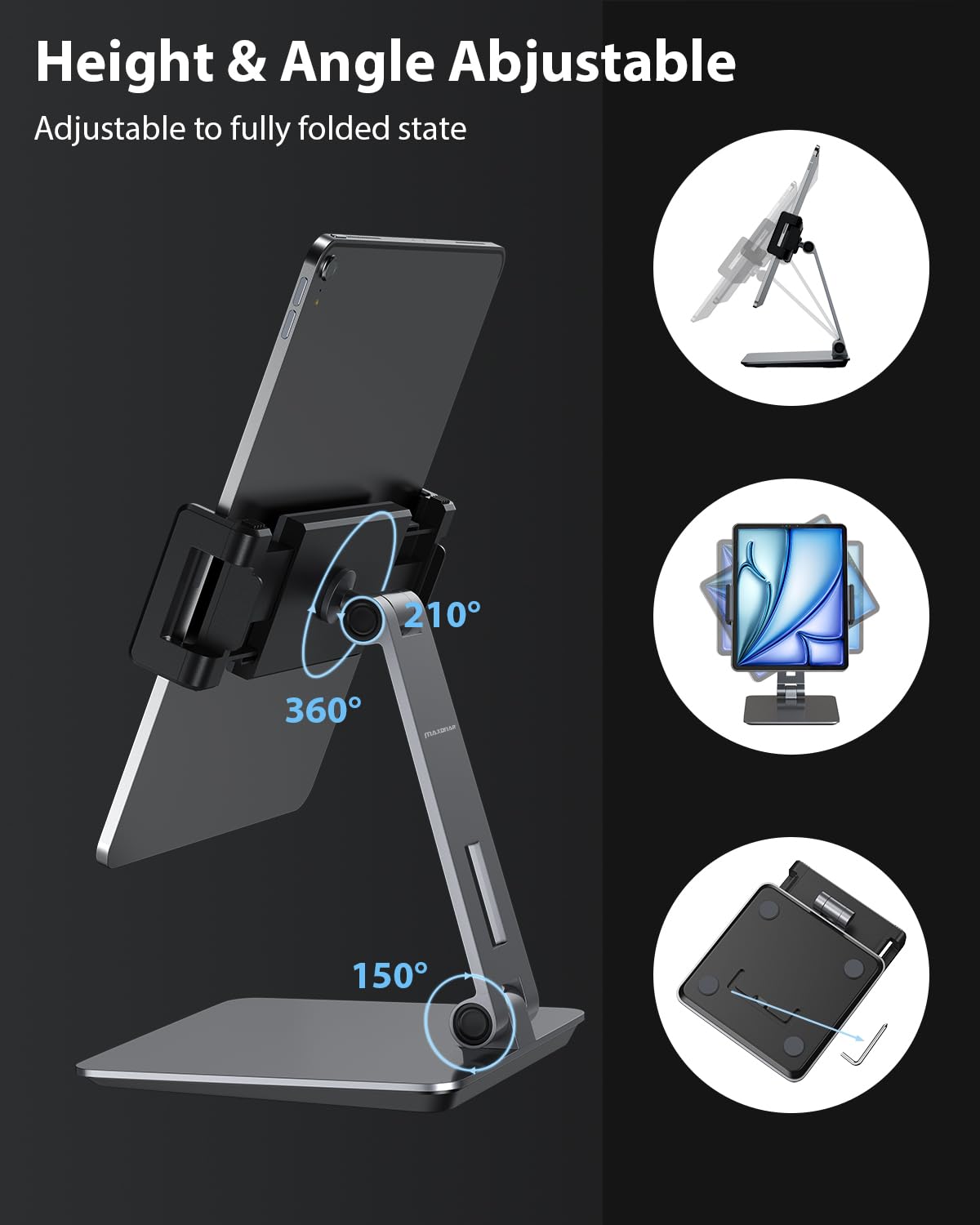 Maxonar Heavy-Duty Aluminum Alloy 360° Swivel Foldable iPad Stand Holder for iPad Pro/Air (6-13 Inch) - Adjustable Tablet Stand for Desk, Bed, Kitchen, Office, Store POS & Reception - Space Grey - Perfect for Work, Study, Video Calls & Digital Displays