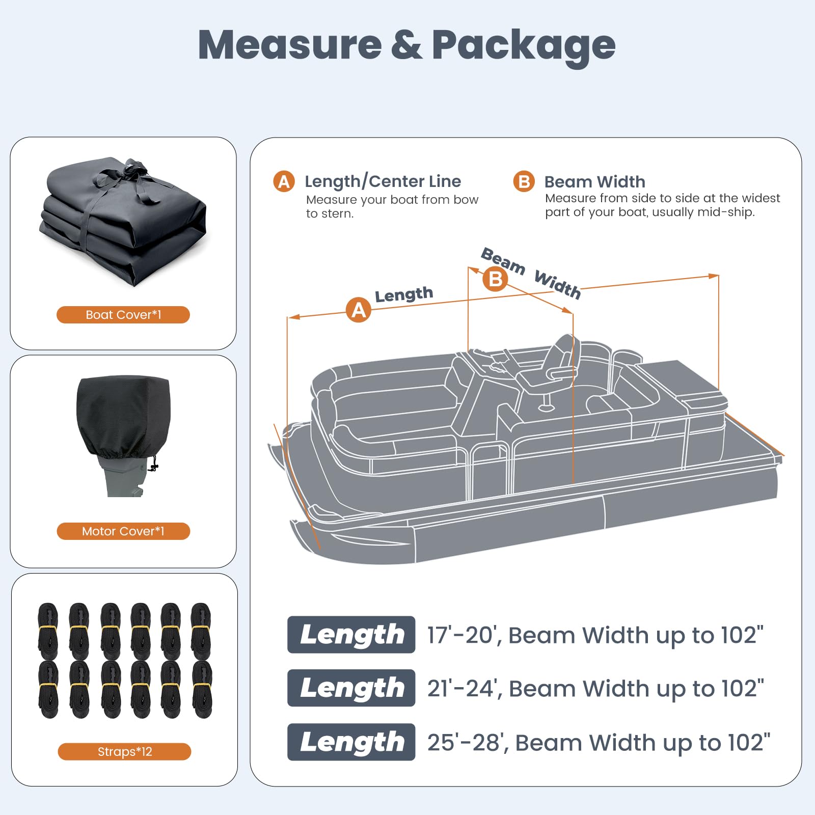 Heavy Duty 1400D Marine Grade Waterproof Pontoon Boat Cover with Motor Cover - Reinforced Middle for 21'-24' Length & 102