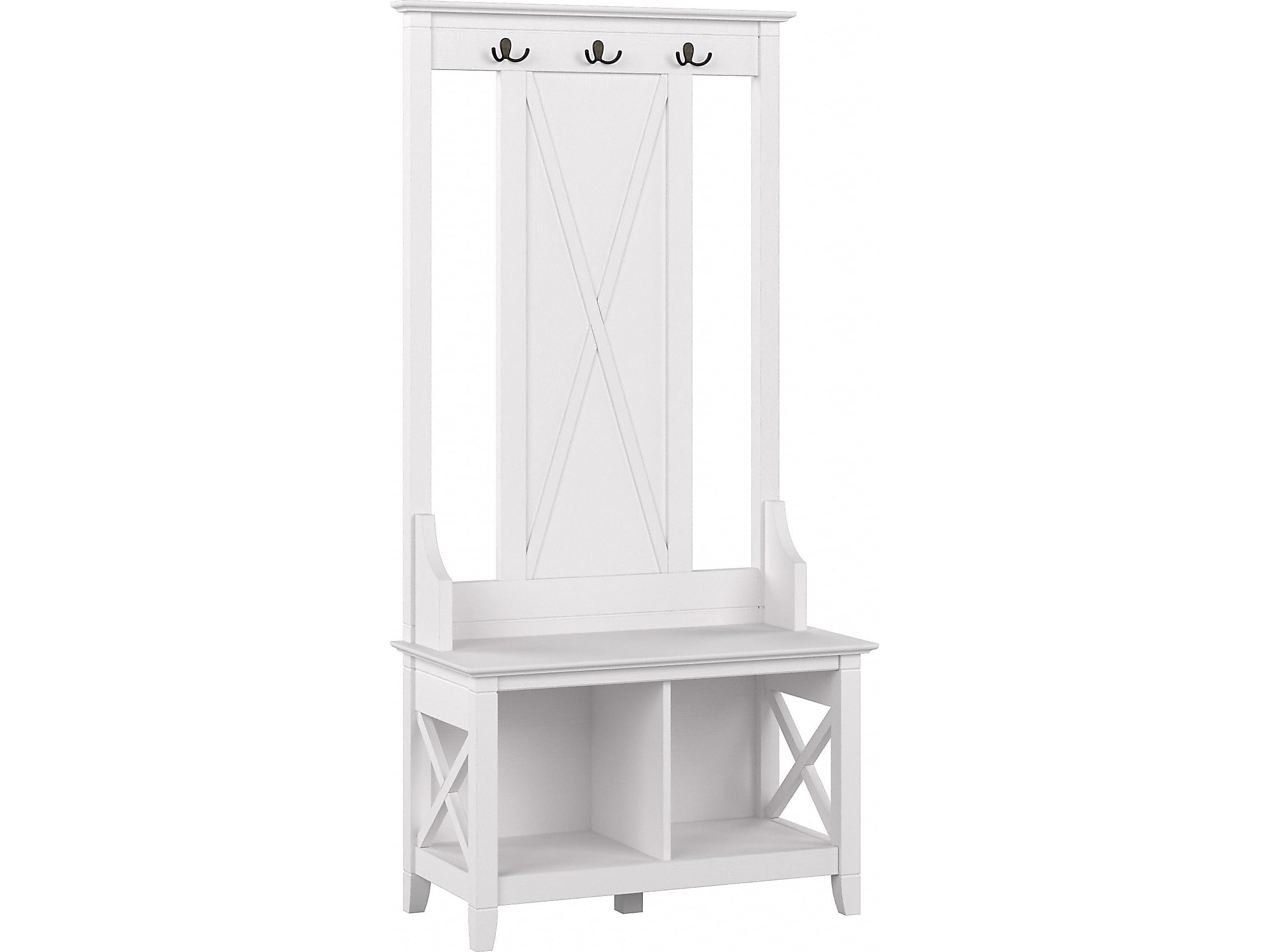 Bush Furniture Key West Hall Tree with Shoe Storage Bench - Pure White Oak Entryway Organizer for Coats, Shoes & Accessories | Perfect for Mudrooms & Small Spaces