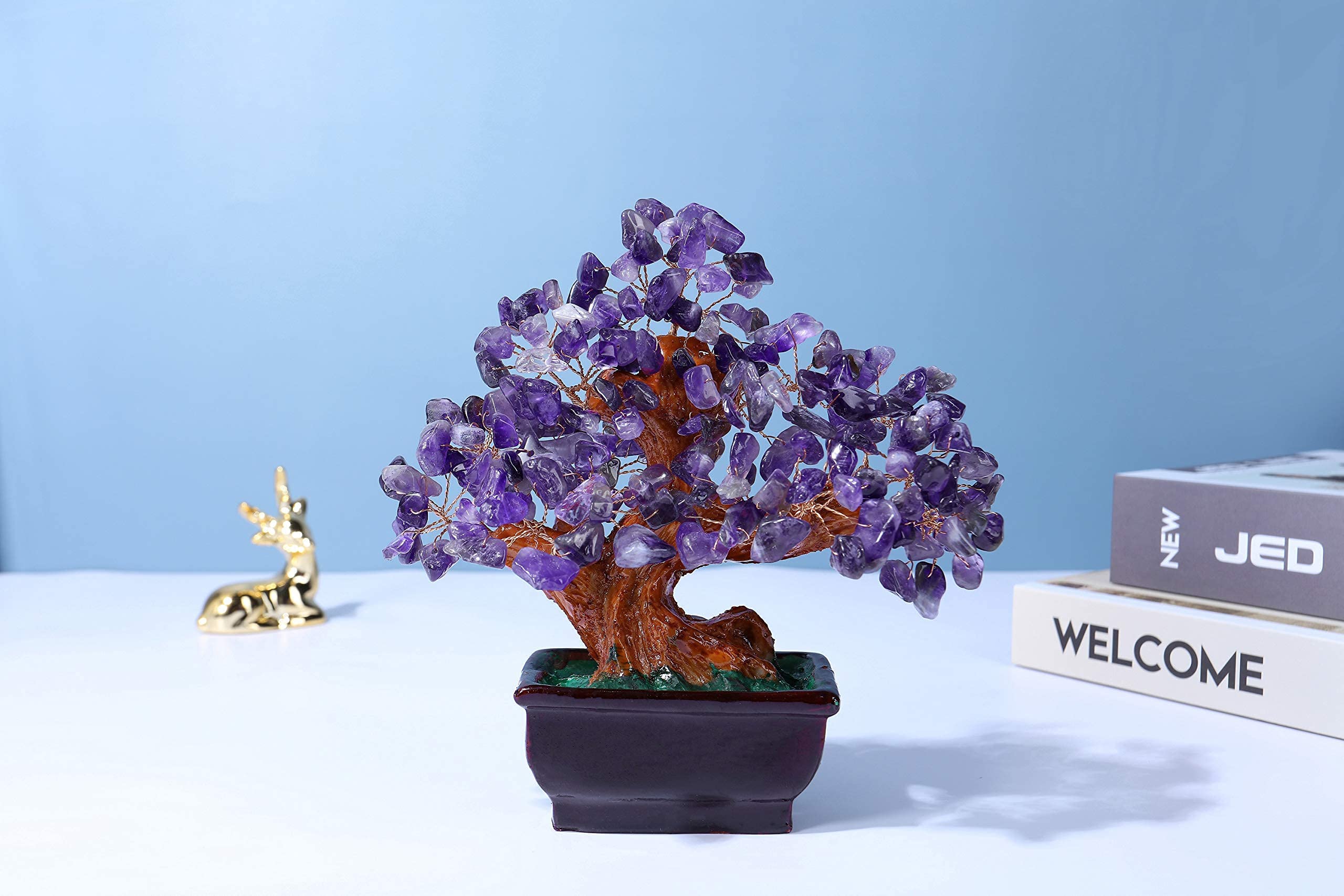 Natural Raw Amethyst Geode Cluster & Purple Amethyst Crystal Money Tree with Resin Base - Healing Stones Set for Meditation, Feng Shui, Home Decor & Spiritual Gifts