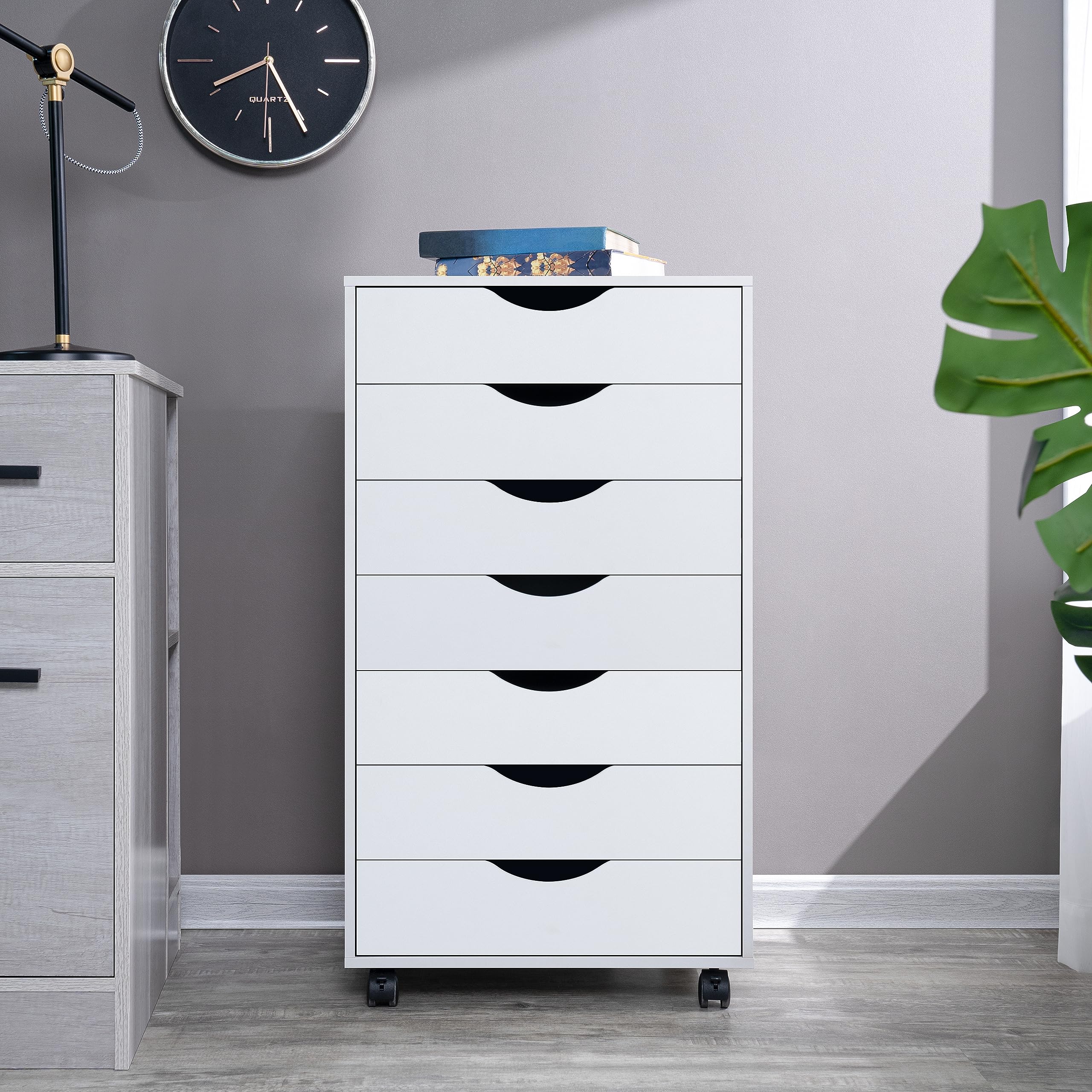 Naomi Home 7-Drawer Office File Cabinet with Wheels - White, Under Desk Storage Organizer for Home Office, 180 lbs Capacity - Perfect for Printer Stand & Document Filing Organization
