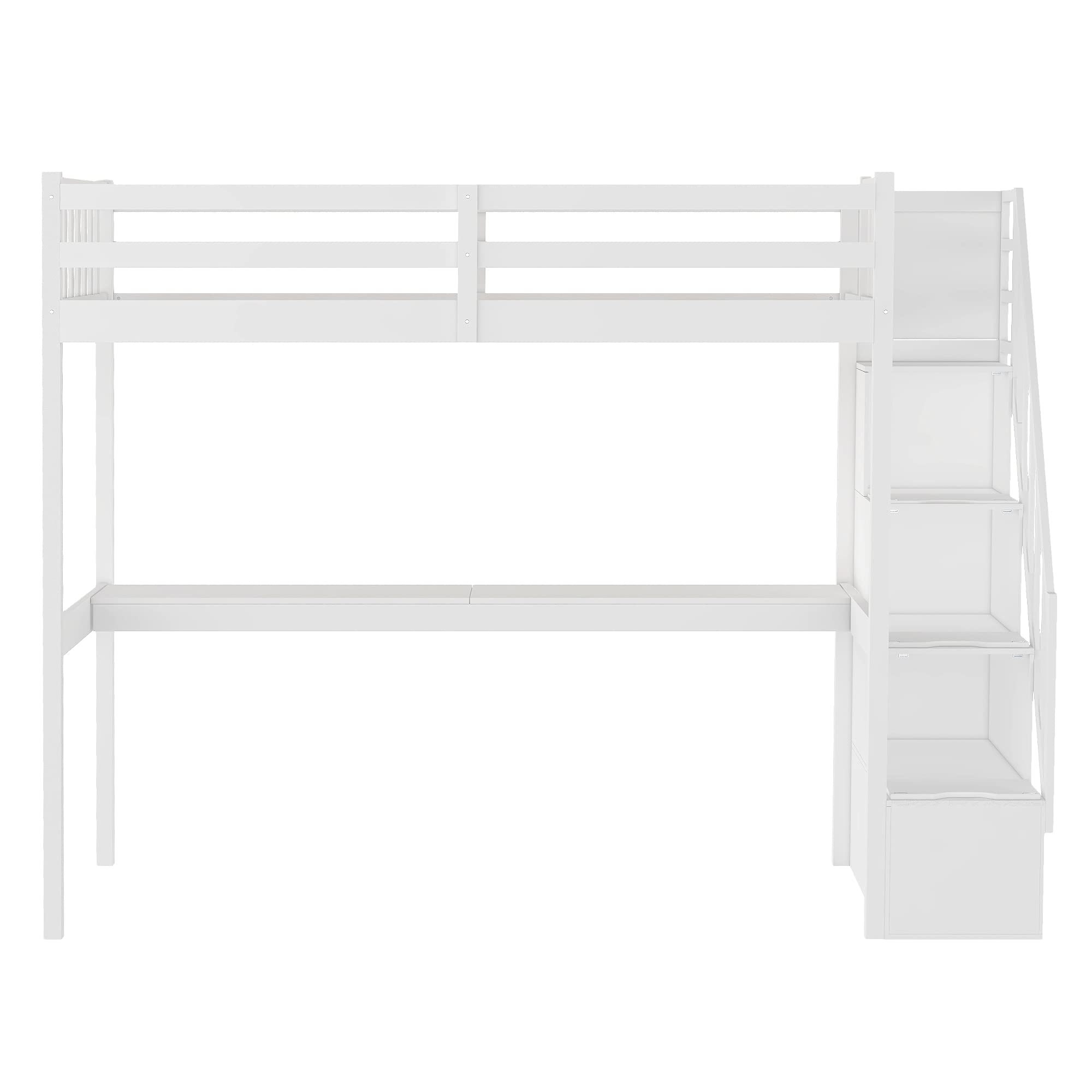 Rhomtree Twin Size Wooden Loft Bed Frame with Staircase & Built-in Study Desk - Space Saving Kids/Teen Bed for Small Rooms - No Box Spring Needed (White Finish)