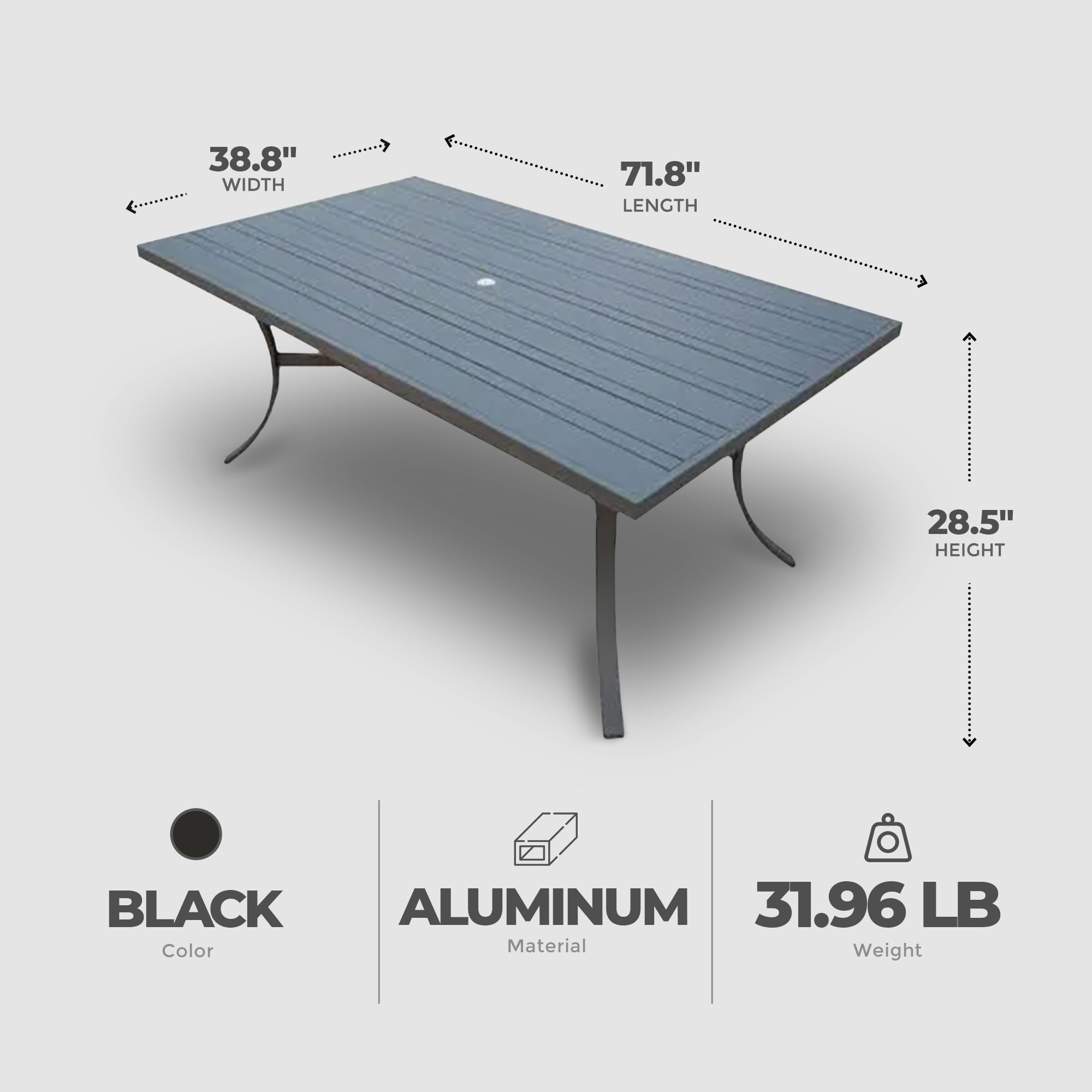 72x39 Inch Black Aluminum Outdoor Dining Table with Slate Tabletop & Umbrella Hole - Perfect for Patio, Backyard, Garden, and Poolside Gatherings