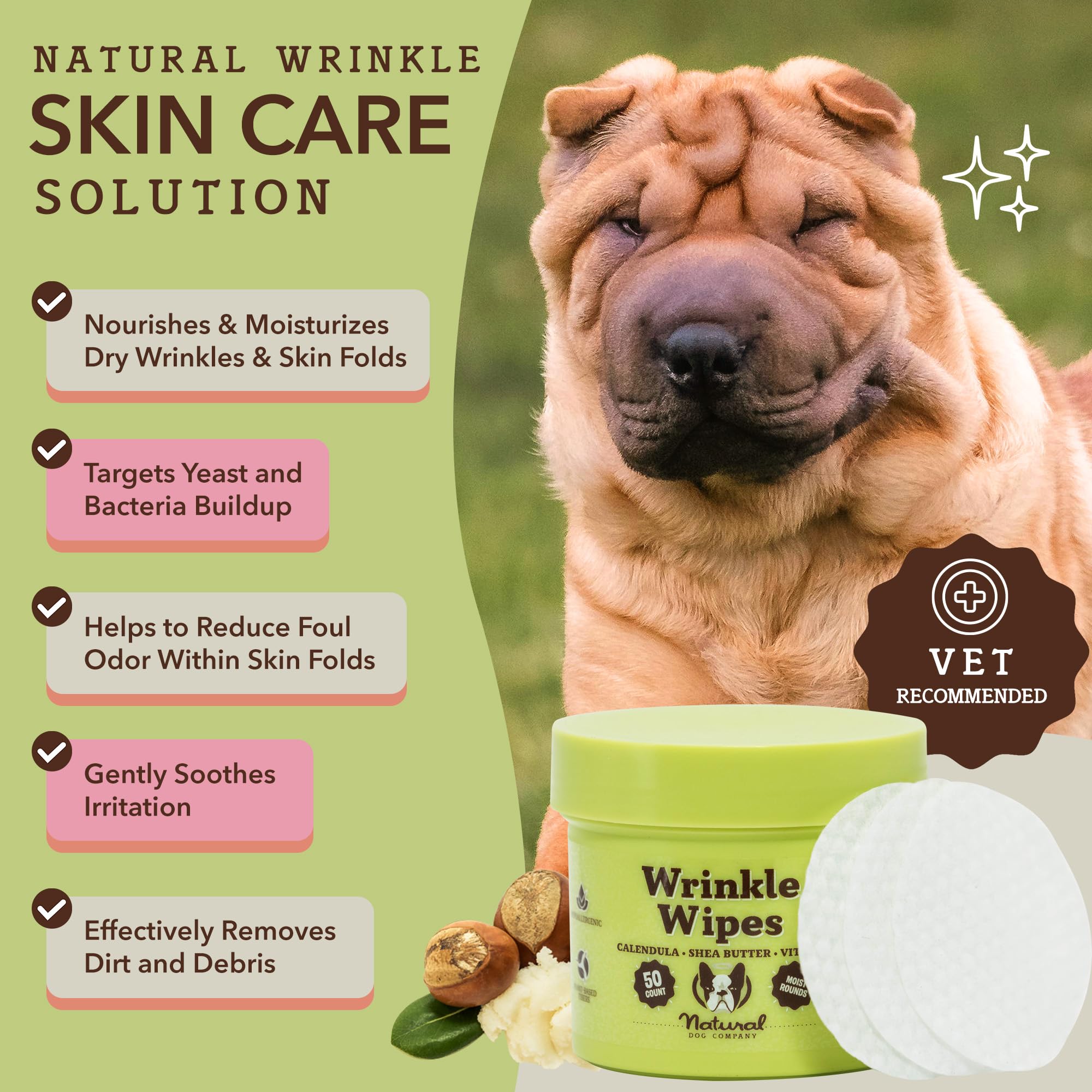 Natural Dog Wrinkle Wipes for Dogs - Hypoallergenic Grooming Wipes for French Bulldogs, Paws & Butts - 50 Count, Cleaning & Deodorizing - Perfect for Daily Face Cleaning, Post-Walk Paw Care & Odor Control