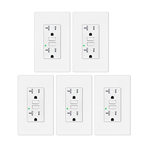 20 Amp GFCI Outlet with LED Indicator - Tamper-Resistant Weatherproof Receptacle for Indoor/Outdoor Use - Includes White Decorative Wall Plates & Screws (5-Pack) - Perfect for Bathrooms, Kitchens, Garages and Outdoor Electrical Safety