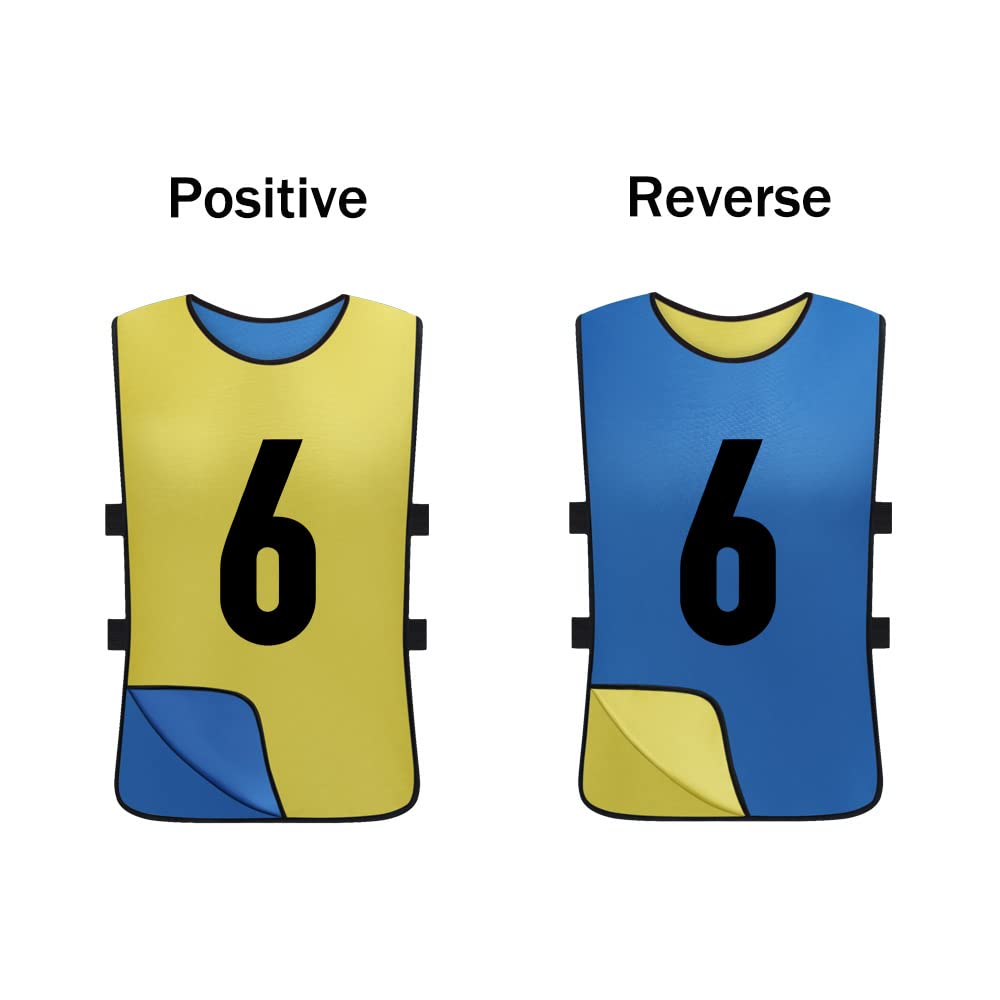 12 Pack Reversible Numbered Pinnies - Double Sided Scrimmage Vests for Kids & Adults - Team Practice Jerseys for Soccer, Basketball & Sports Training