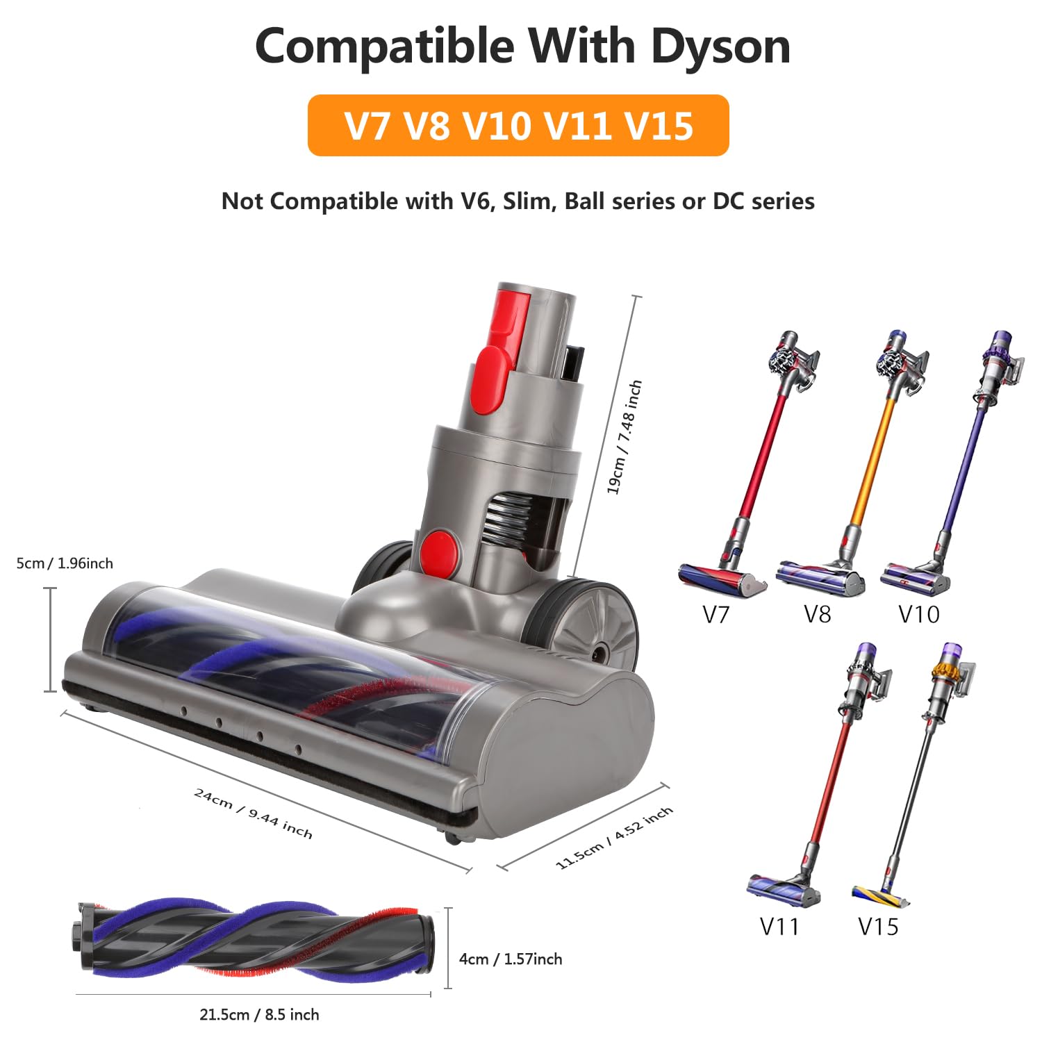 Dyson V7-V15 Turbo Brush Cleaner Head with LED for Hardwood Floors - Vacuum Attachment