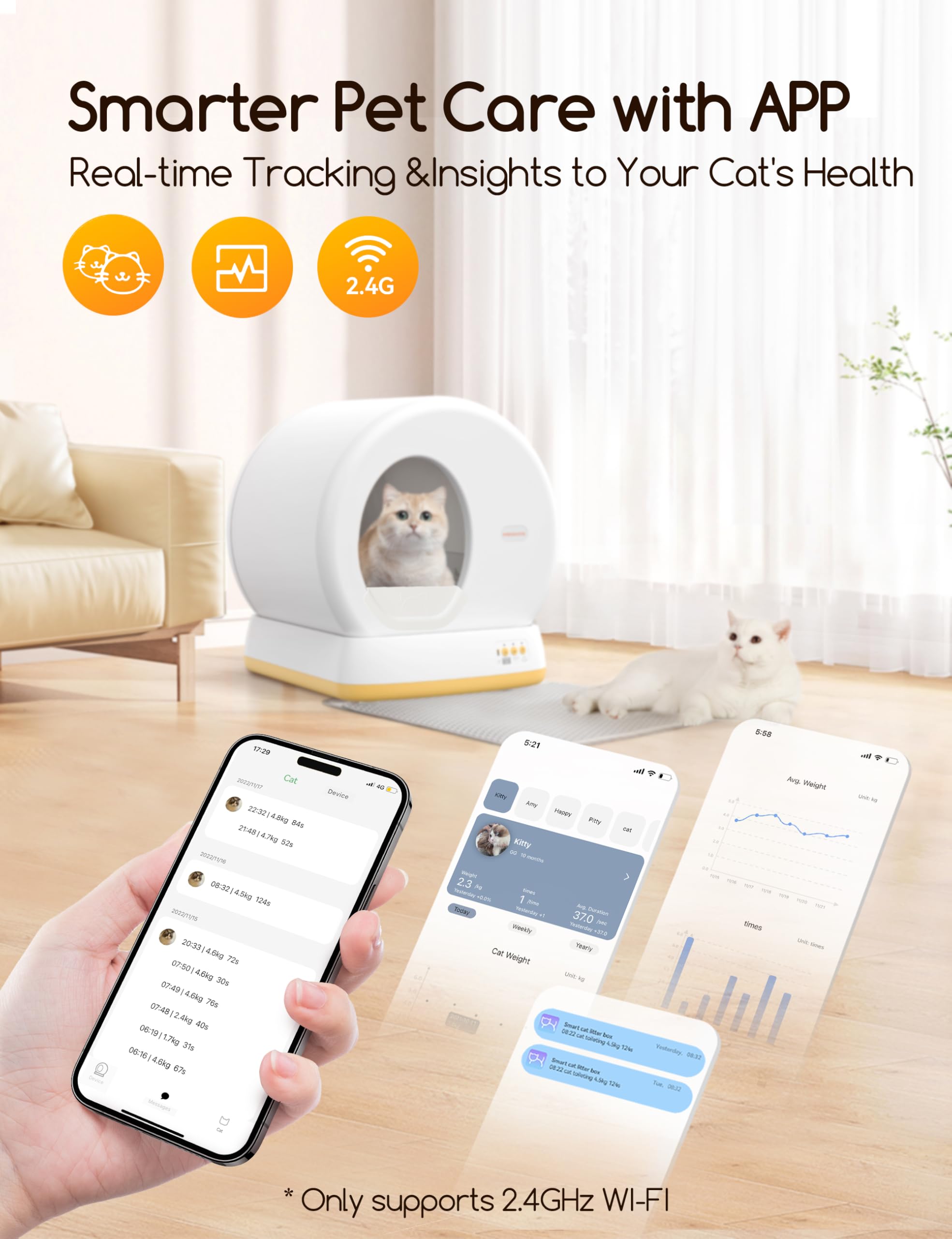 MeoWant Self-Cleaning Cat Litter Box with Odor Control & APP Control - Extra Large Automatic Litter Box for Multiple Cats - Smart Safety System with Mat & Liner (Yellow) - Perfect for Home, Apartment & Pet Owners