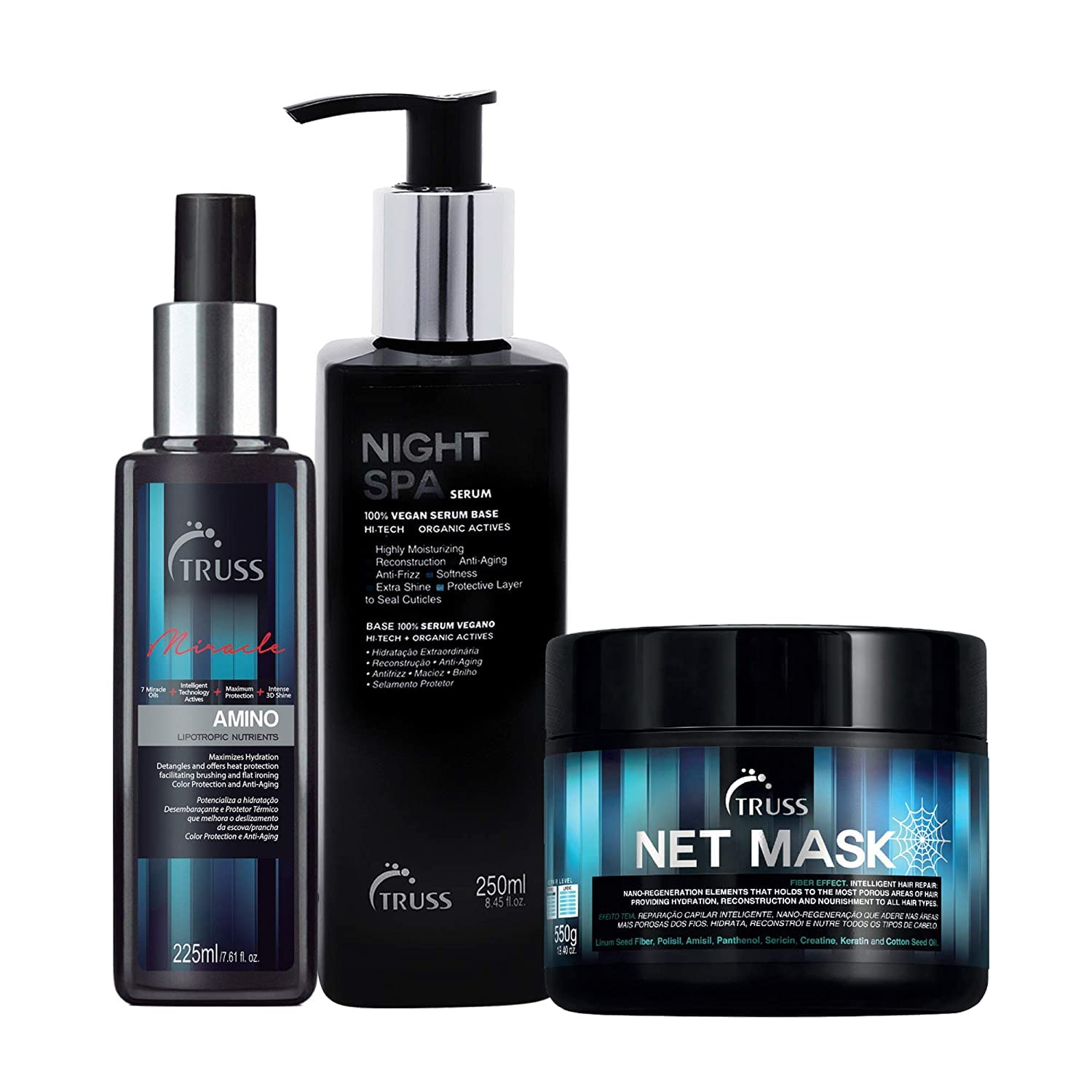TRUSS Professional Amino Miracle Heat Protectant Hair Spray Bundle with Net Mask & Night Spa Serum - Repair Damaged Hair for Smooth & Shiny Locks - Perfect for Styling, Blowouts & Daily Hair Care