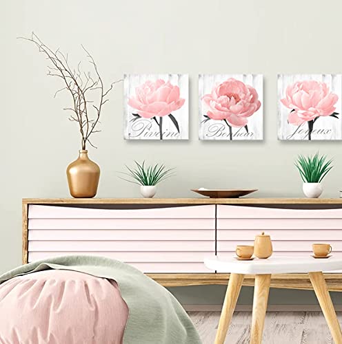 Framed Peony Wall Art - Pink Grey Flower Canvas Prints for Bedroom & Living Room Decor (16x16in x3) - Farmhouse Style Home Decoration