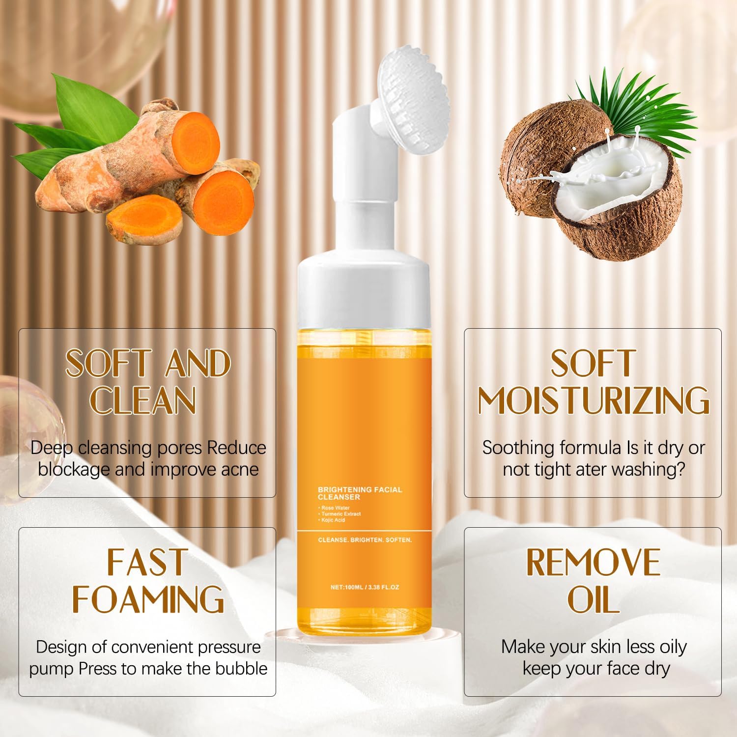 2pcs Turmeric Facial Cleanser for Acne & Brightening | Natural Turmeric Face Wash & Foaming Cleanser for All Skin Types | Daily Skincare Routine & Sensitive Skin Care