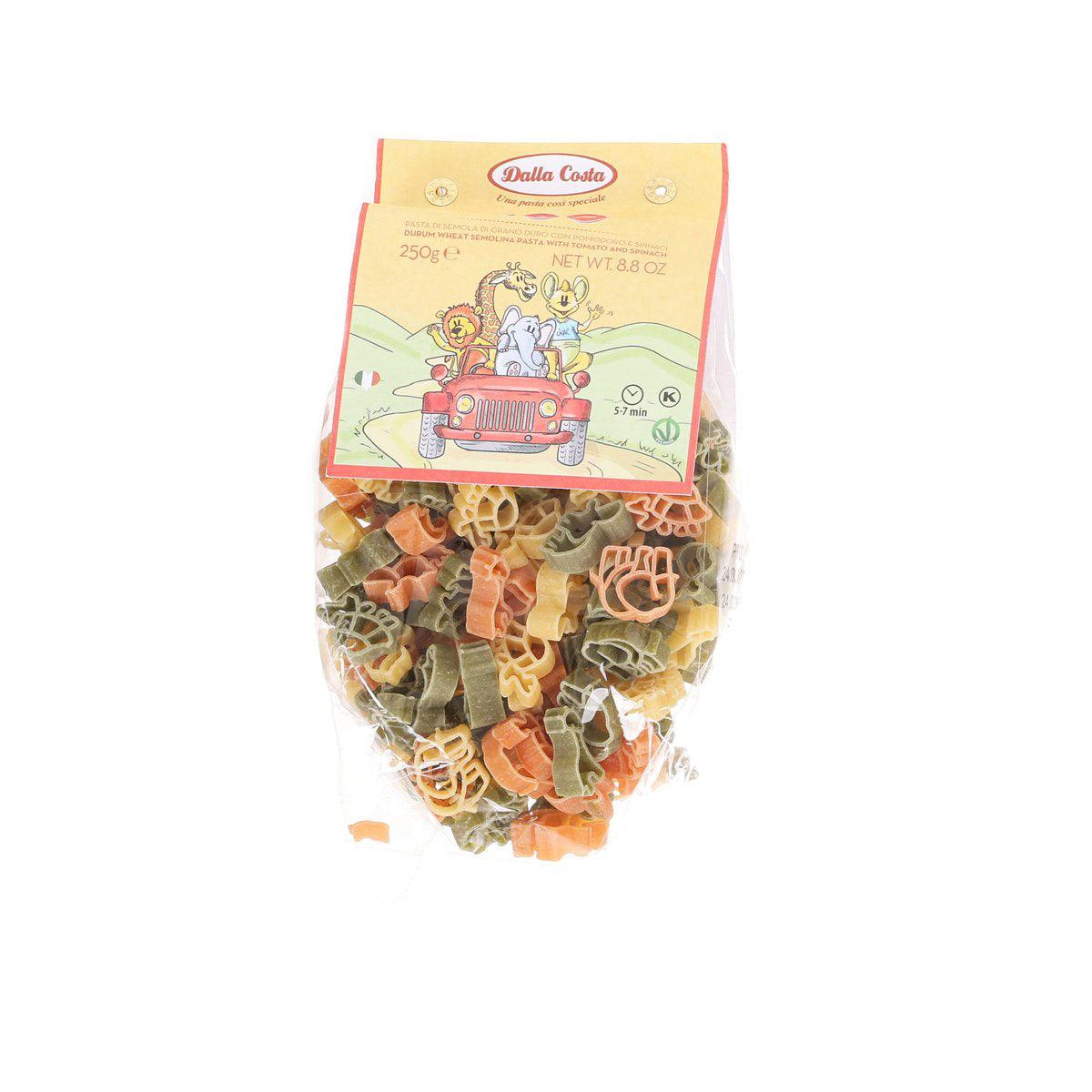 DALLA COSTA Organic Zoo Pasta with Tomato & Spinach Sauce - 250g Pack | Fun Animal-Shaped Pasta for Kids | Perfect for School Lunches & Family Dinners