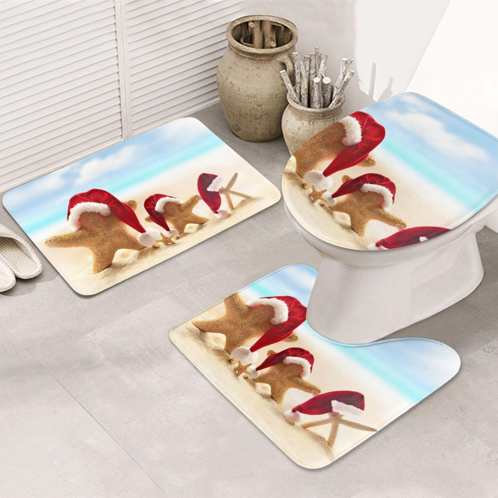 OUSIKA Merry Christmas 3-Piece Non-Slip Bathroom Rug Set - Absorbent U-Shaped Contour Toilet Cover & Shower Mat for Bathroom Decor, Holiday Gift - Perfect for Christmas Home Decor, Bathroom Safety & Festive Celebrations