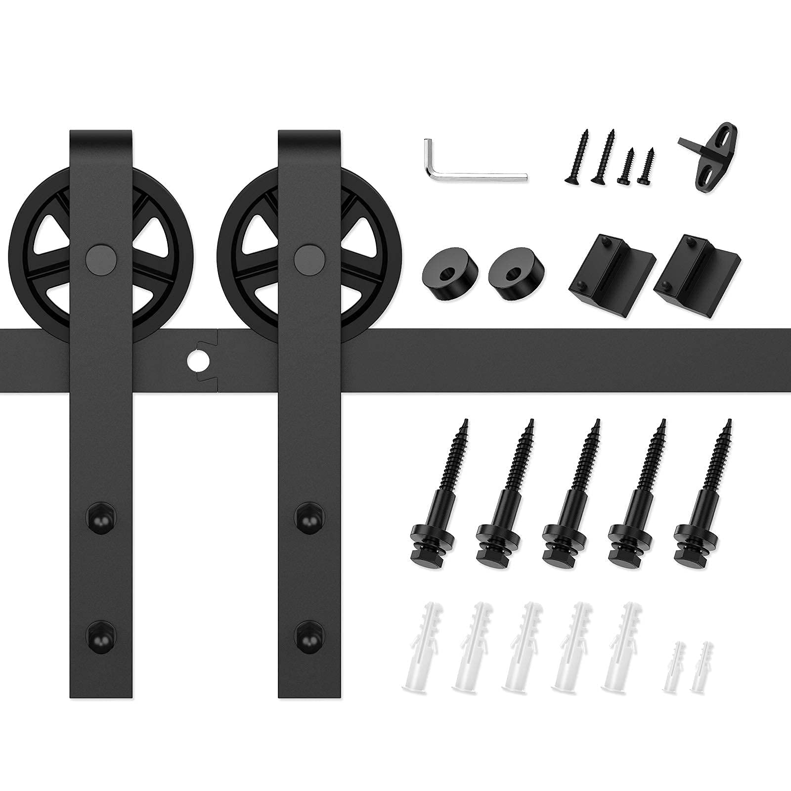 6FT Heavy Duty Sliding Barn Door Hardware Kit - Industrial Black Big Wheel J Hangers for Wood Single Doors (Fits 1 3/8