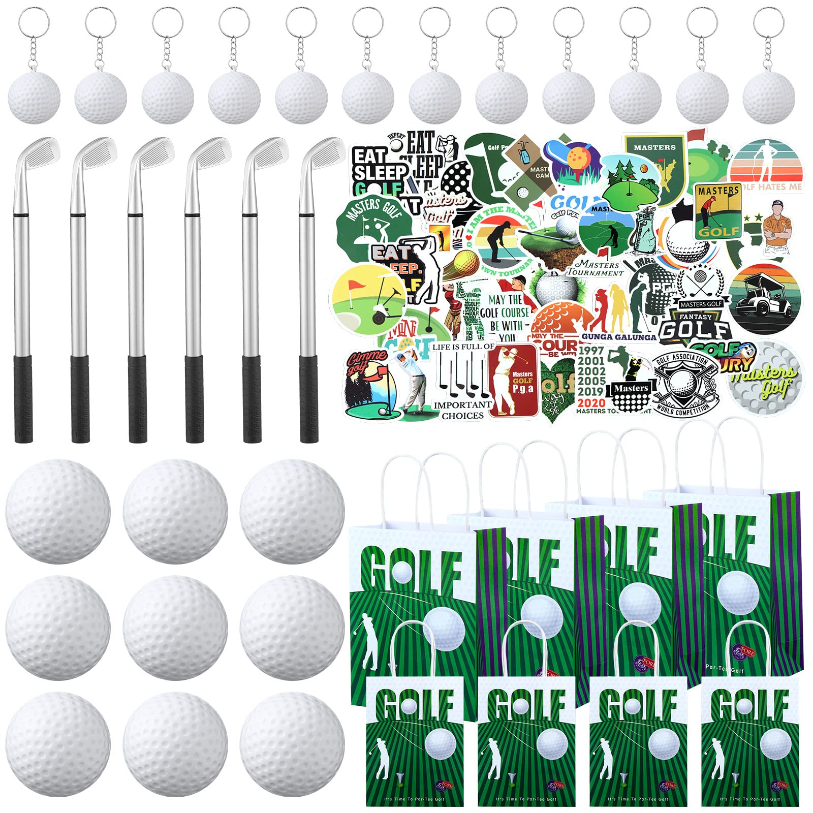 98 Pcs Golf Party Favor Set - Golf Ball Keychains, Ballpoint Pens, Stress Balls & Stickers - Perfect for Sports Themed Birthday Parties, Golf Tournaments & Corporate Events
