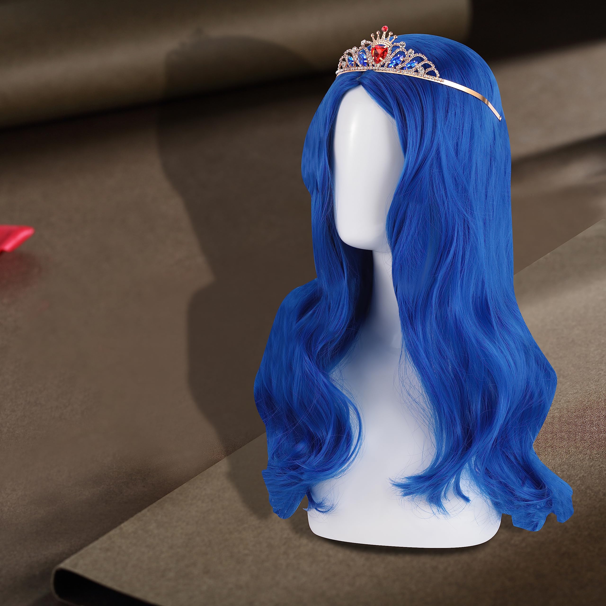 Evie Descendants Costume Wig for Girls - Long Blue Princess Hair with Crown | Kids Halloween Cosplay, Dress Up Party & Themed Events