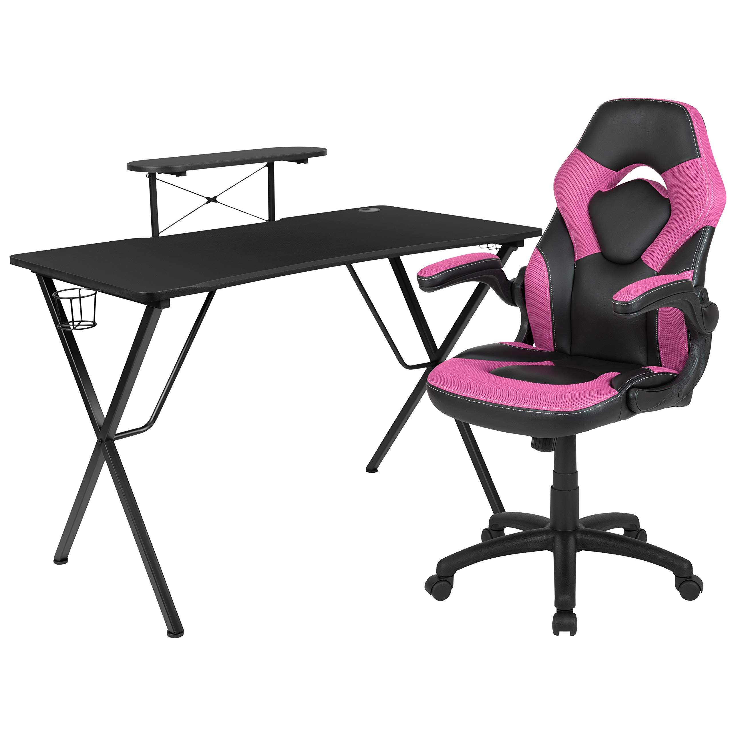 Black Pink Gaming Desk Set with Cup Holder & Headphone Hook for PC Setup