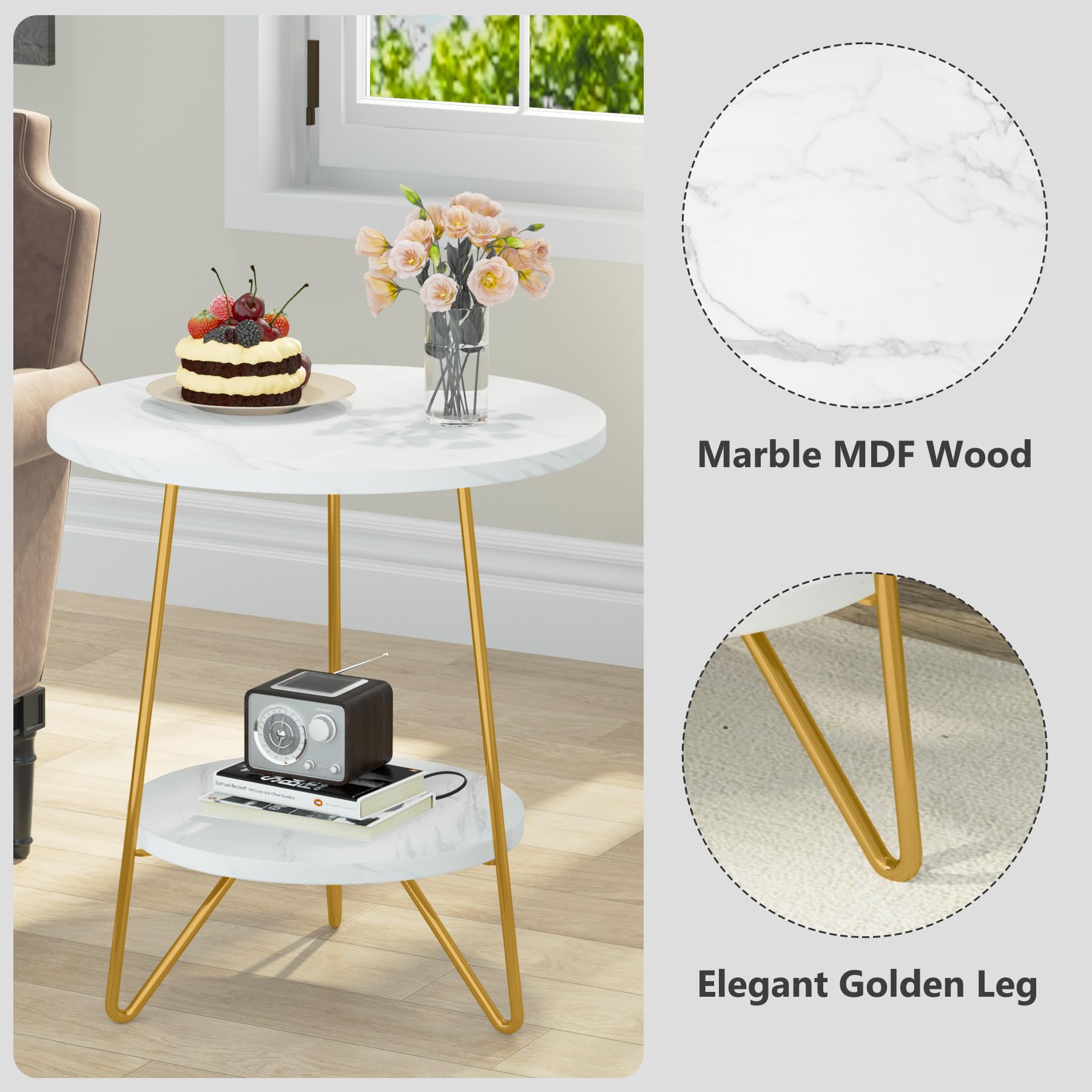 Tribesigns 2-Piece Faux Marble End Table Set - 2-Tier Round Side Tables with Shelves, Modern Gold Nightstand & Bedside Table, Small Coffee Accent Table for Living Room, Bedroom, Office - White & Gold (KUQI-J0014D) | Perfect for Small Spaces, Home Decor & Gift Giving