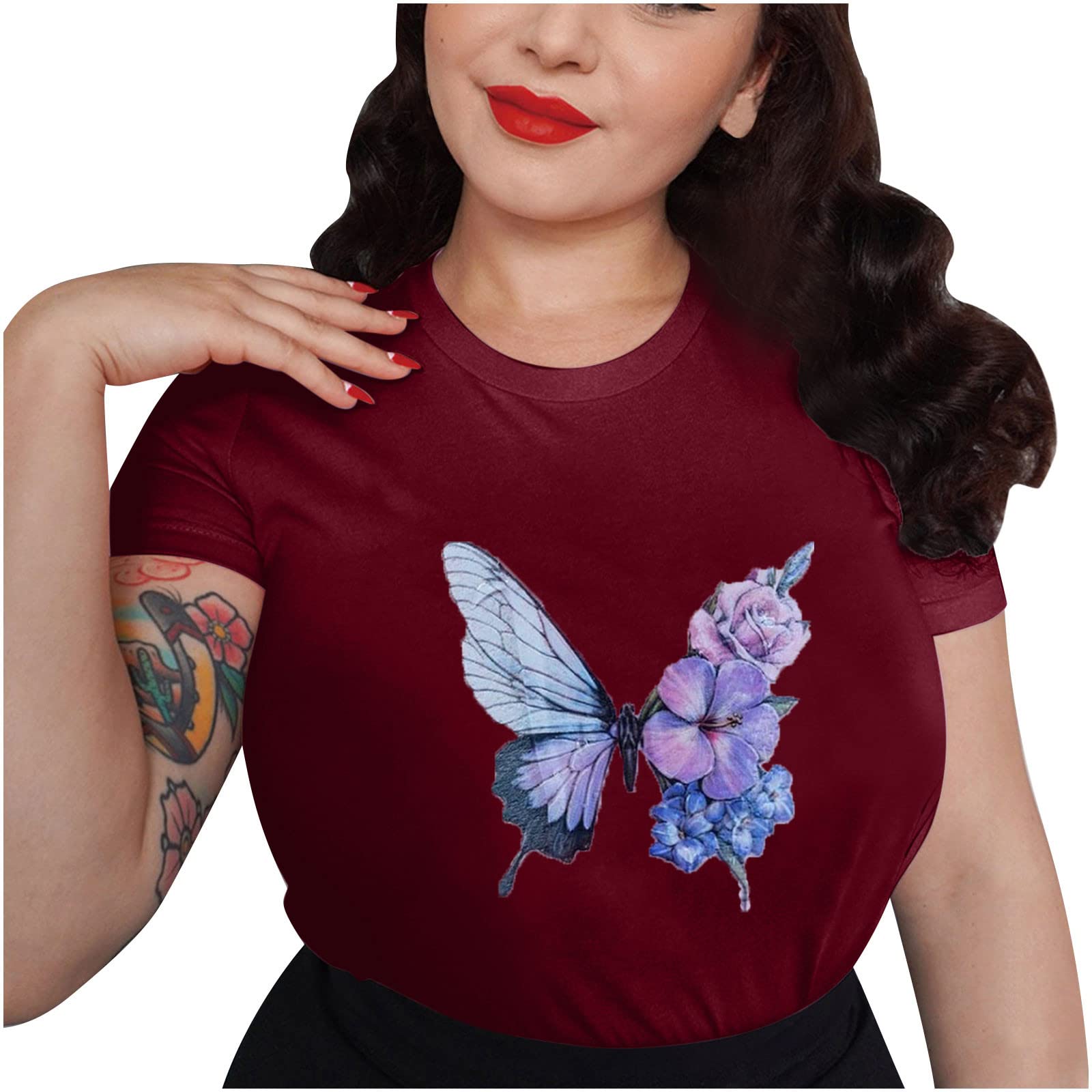 Women's Butterfly Print Short Sleeve Blouse - Summer Casual Crewneck Loose Fit T-Shirt Top for Work, Date & Vacation | CBCBTWO Fashion