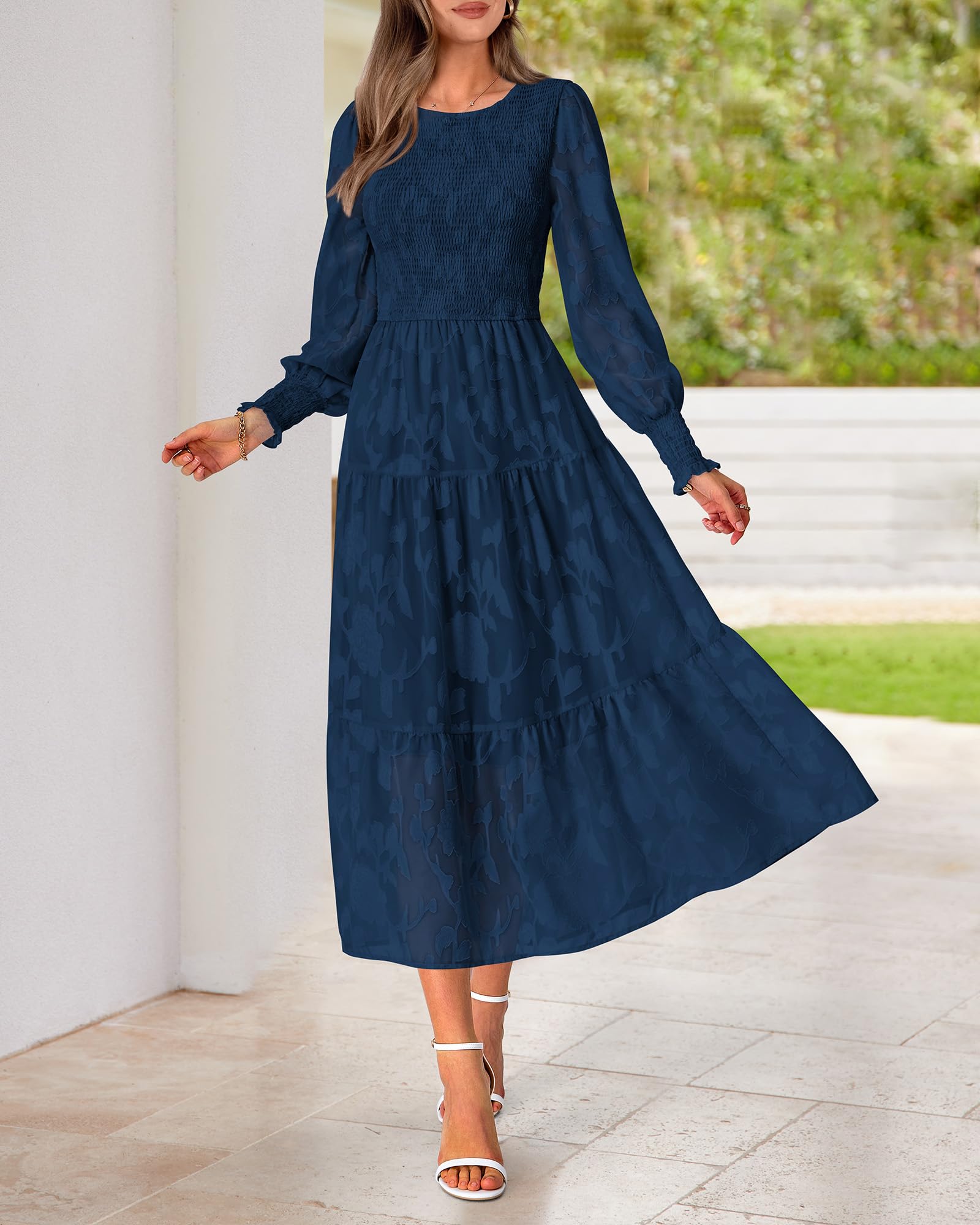 BTFBM Elegant Floral Midi Dress for Women - Long Sleeve Bohemian Wedding Guest Dress, Spring 2025 Casual Flowy Dress for Bridal Shower, Garden Party & Special Occasions