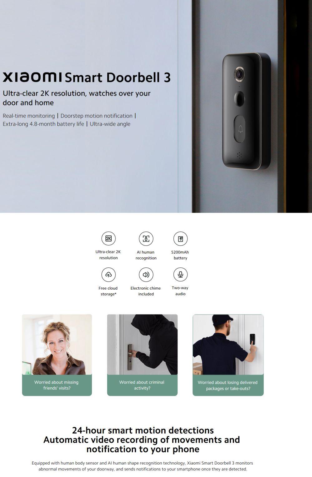 Xiaomi Smart Doorbell 3 - 1080p HD Video, AI Face Recognition, Two-Way Audio, IP65 Weatherproof, Night Vision - Perfect for Home Security, Apartment, Office & Smart Home System