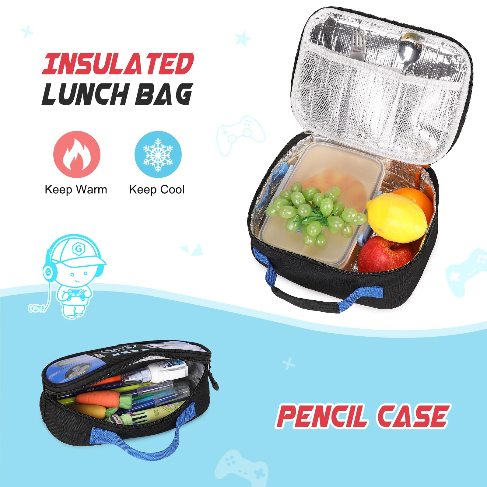 Bevalsa Luminous Gamer Backpack for Boys - Waterproof School Backpack with Lunch Box & Pencil Pouch Set - Perfect for School, Gaming, Travel & Outdoor Activities