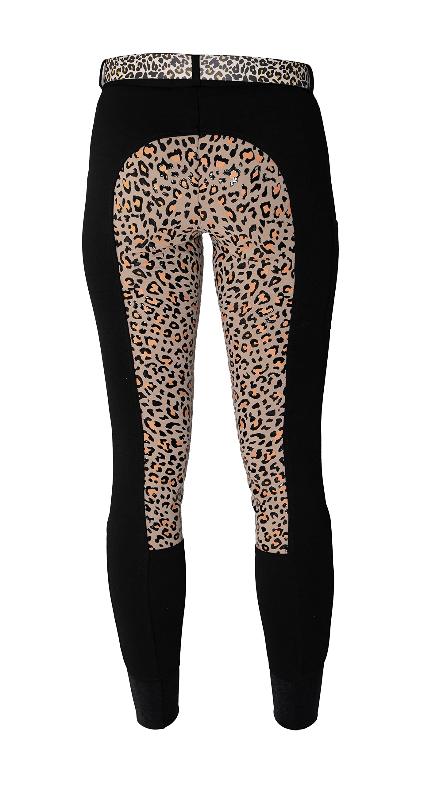 Women's Equestrian Riding Pants - Mid-Waist Breeches with Phone Pocket for Horseback Riding & Training - Black/Leopard