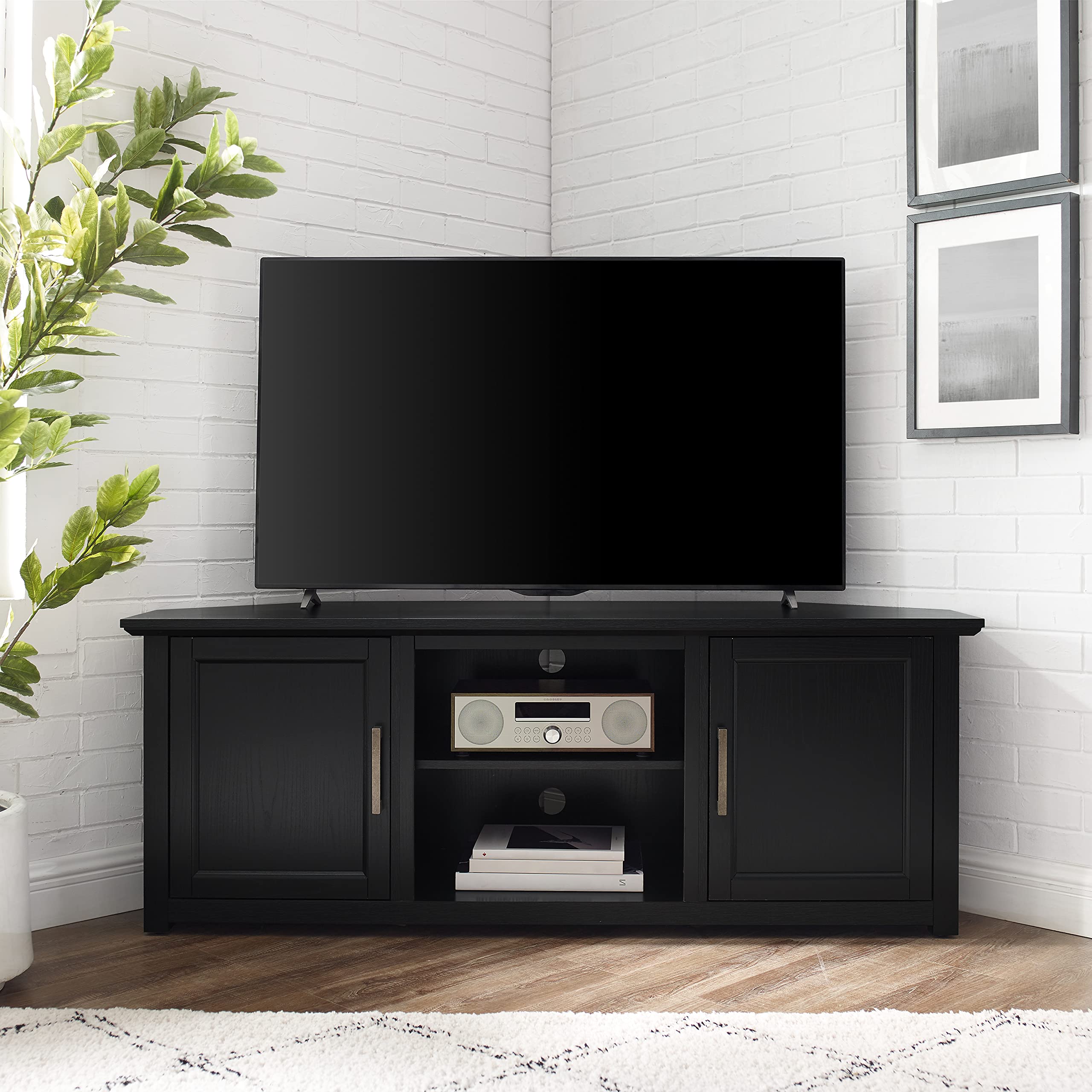 Crosley Camden Corner TV Stand for 65+ Inch TVs - Black Entertainment Center with Storage Shelves | Perfect for Living Room, Bedroom & Home Theater Setup