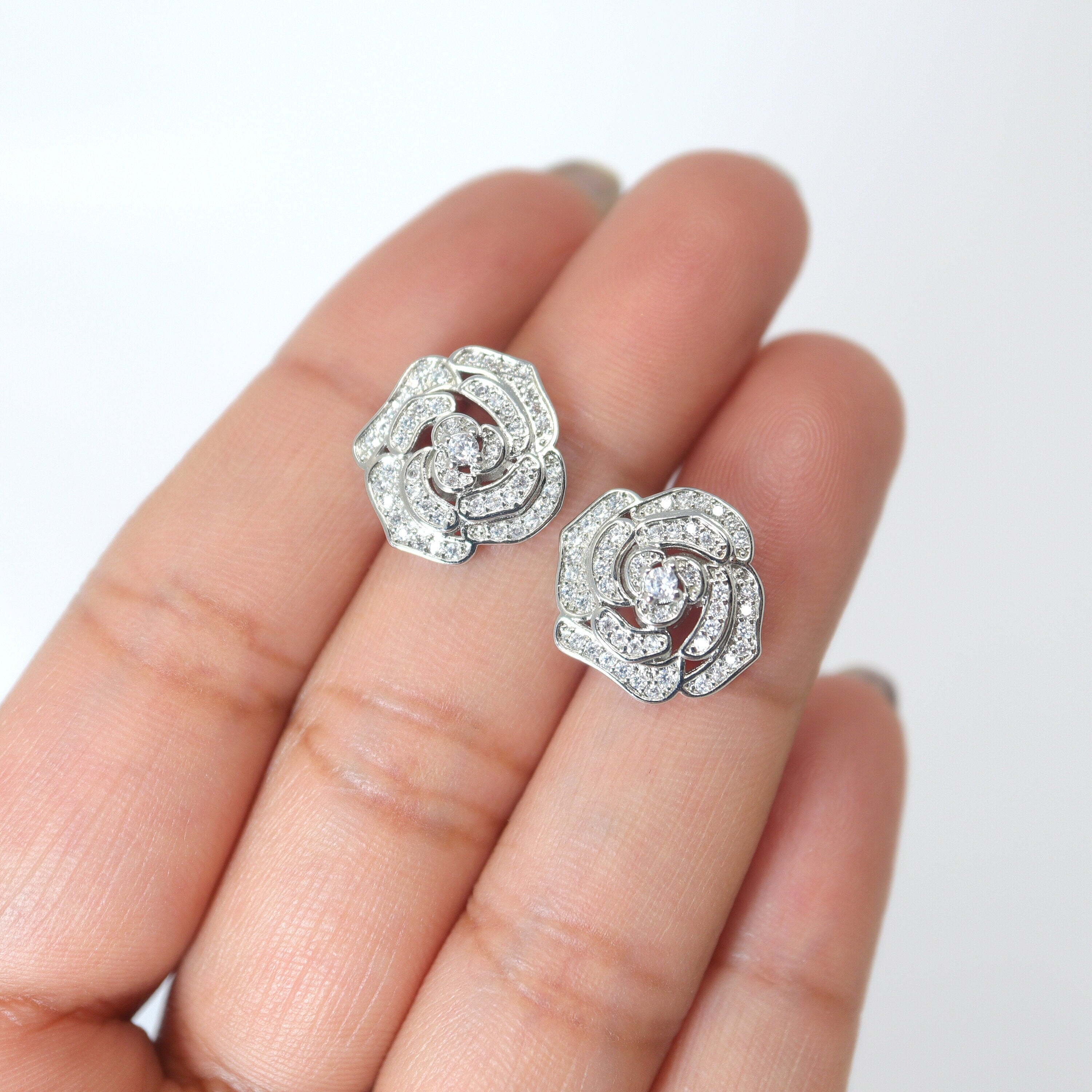 Swarovski Crystal Rose Stud Earrings for Brides – Sparkling Bridal Jewelry, Elegant Statement Earrings with CZ Stones | Perfect for Weddings, Anniversaries & Special Occasions