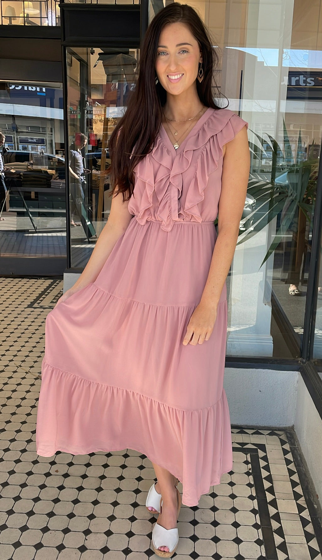 Serena Chiffon Tiered Midi Maxi Dress in Dusty Rose - Elegant Flowy Summer Dress for Weddings, Parties & Beach Vacations