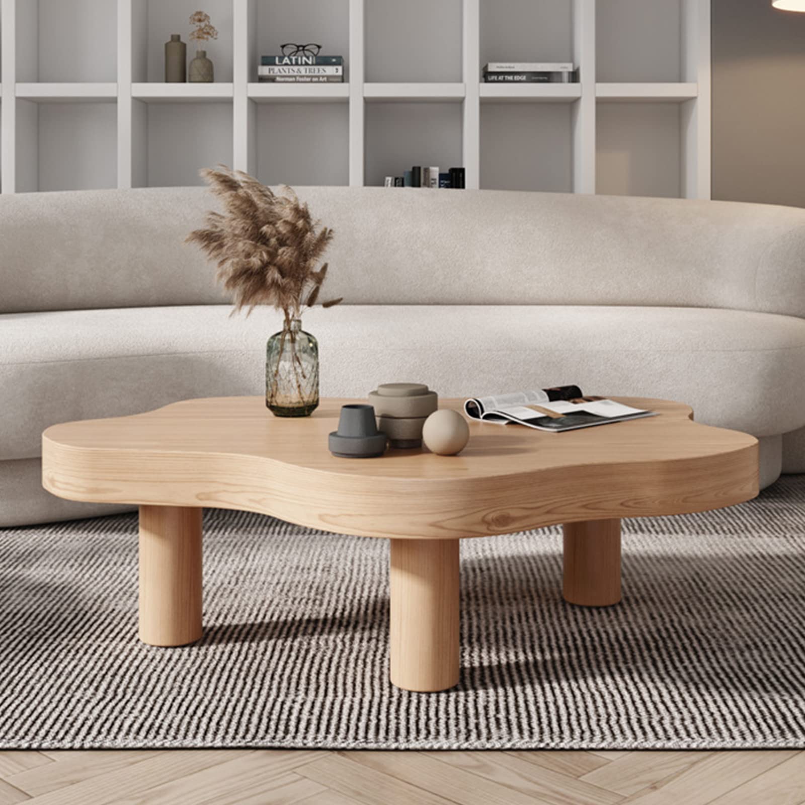 HM&DX Modern Cloud-Shaped Wood Coffee Table - Round Corner Thickened Accent Table with 3 Legs - Natural Wood Finish - 35.4